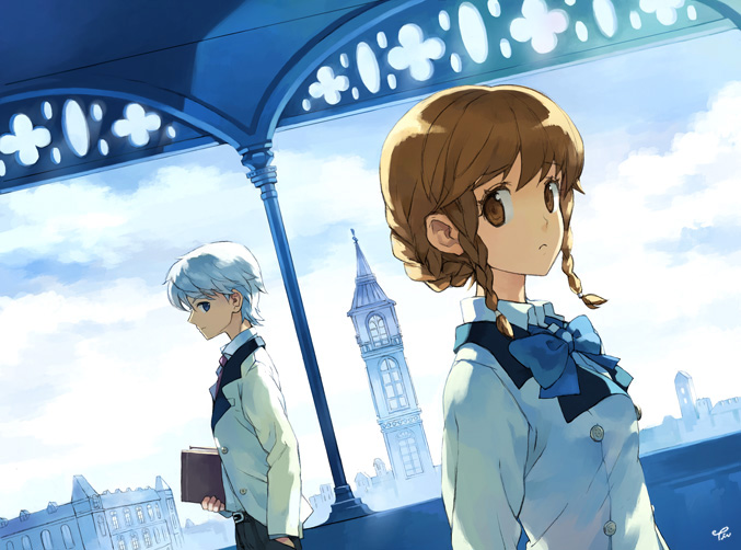 tiv, original, archived source, bad link, character request, 1boy, 1girl, artist name, backlighting, belt, belt buckle, black belt, black pants, blue bow, blue eyes, blue sky, blue theme, book, bow, braid, braided sidelock, breast pocket, breasts, brown eyes, buckle, building, closed mouth, cloud, cloudy sky, collared shirt, day, dress pants, dutch angle, etolie granche, european architecture, frown, hand in pocket, holding, holding book, jacket, lapels, looking to the side, medium breasts, nape braid, necktie, notched lapels, open clothes, open jacket, outdoors, pants, platonic supernova, pocket, profile, red necktie, school uniform, shirt, short hair, signature, sky, tower, unbuttoned, unbuttoned jacket, undershirt, white hair, white jacket, white shirt, white sleeves, wing collar