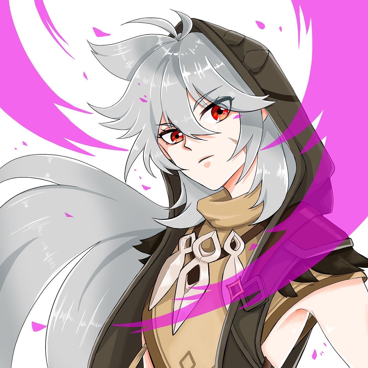 razor (genshin impact), genshin impact, highres, 1boy, ahoge, closed mouth, gloves, grey hair, hair between eyes, hands up, hood, hood up, long hair, looking at viewer, male focus, red eyes, scar, scar on face, simple background, solo, white hair