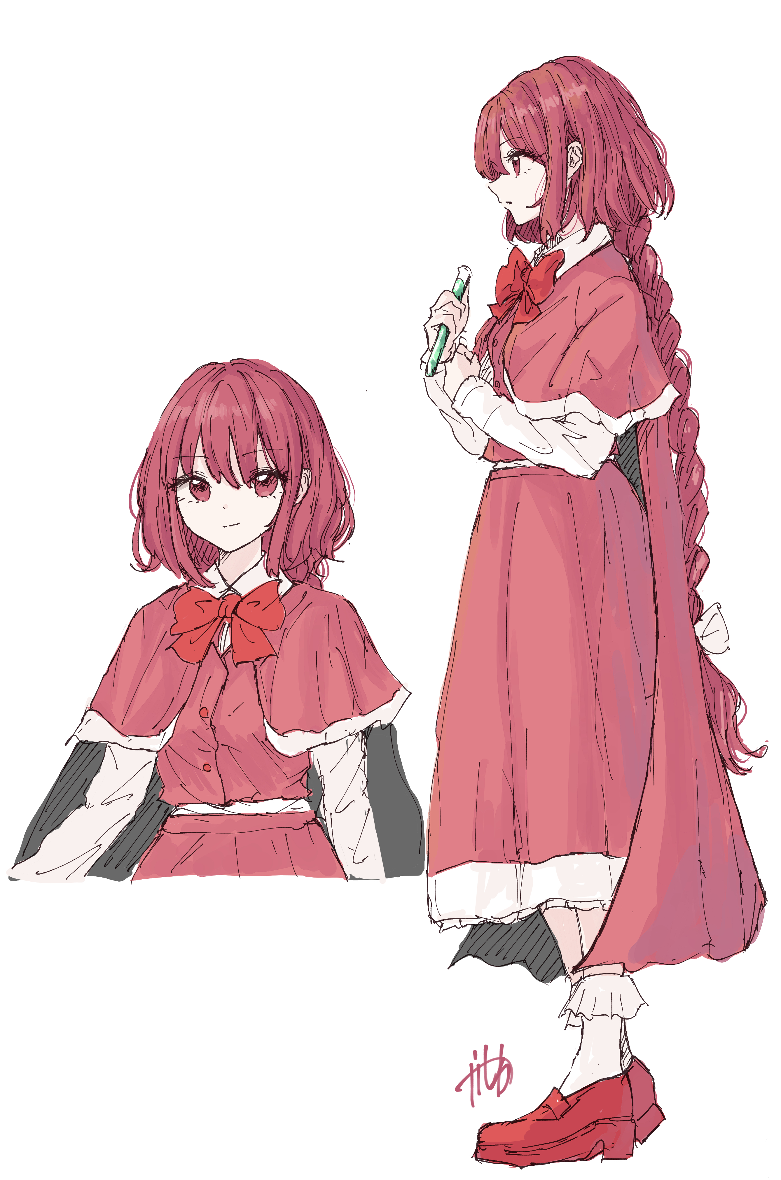 kashiwada kiiho, okazaki yumemi, touhou, touhou (pc-98), absurdres, commentary, highres, 1girl, bobby socks, bow, bowtie, braid, braided ponytail, cloak, long hair, long sleeves, looking ahead, looking at viewer, multiple views, red bow, red bowtie, red cloak, red eyes, red hair, red shoes, red skirt, red vest, shirt, shoes, signature, simple background, skirt, smile, socks, very long hair, vest, white background, white shirt, white socks