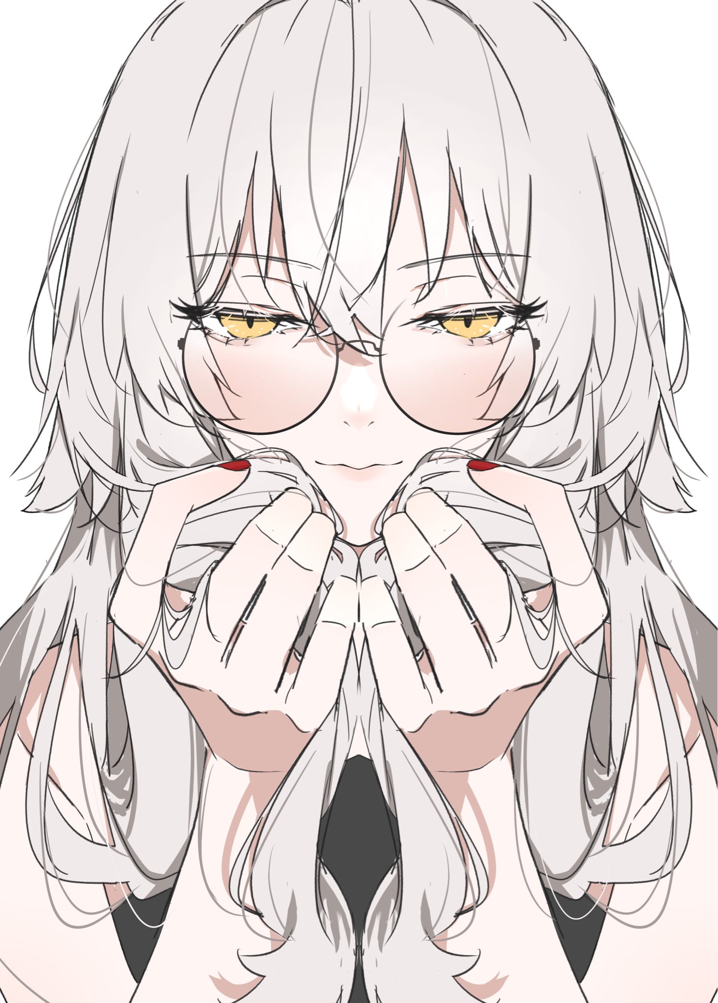 ri o ne su, jeanne d'arc alter (fate), fate/grand order, fate (series), highres, 1girl, bare shoulders, black shirt, blush, breasts, glasses, grey hair, large breasts, long hair, looking at viewer, round eyewear, shirt, sleeveless, sleeveless shirt, solo, very long hair, yellow eyes