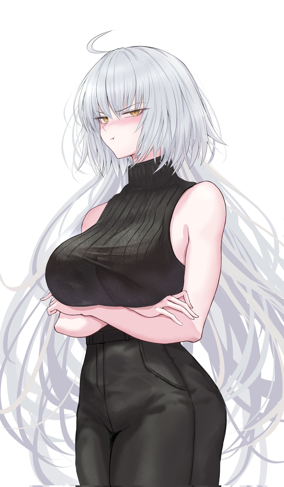penguintake, jeanne d'arc alter (fate), fate/grand order, fate (series), highres, 1girl, ahoge, bare shoulders, black dress, blush, breasts, crossed arms, dress, grey hair, large breasts, long hair, looking at viewer, pout, solo, very long hair, yellow eyes