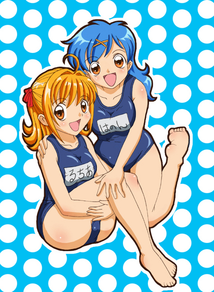 houshou hanon, nanami lucia, mermaid melody pichi pichi pitch, tagme, 00s, 2girls, barefoot, blush, feet, happy, multiple girls, one-piece swimsuit, school swimsuit, smile, swimsuit