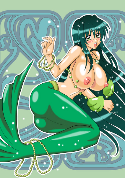 mutsuya, touin rina, touin rina (mermaid), mermaid melody pichi pichi pitch, image sample, pixiv sample, resized, 00s, 1girl, ass, bikini, blush, breasts, green eyes, green hair, large breasts, long hair, mermaid, monster girl, nipples, open mouth, shell, shell bikini, swimsuit, very long hair, wardrobe malfunction
