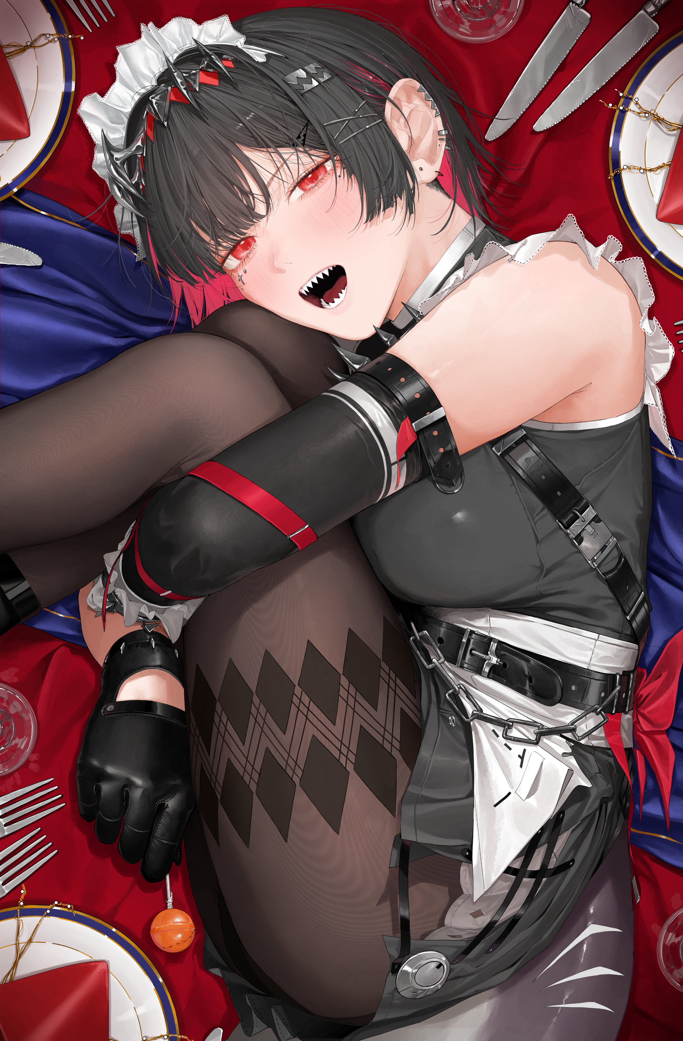 tarutaru (ryousuke), ellen joe, zenless zone zero, absurdres, commentary request, highres, 1girl, bare shoulders, black gloves, black hair, blush, brown pantyhose, candy, clothing cutout, colored inner hair, cup, detached sleeves, drinking glass, earrings, fins, fish tail, food, fork, frilled wristband, from side, glove cutout, gloves, hairband, holding, holding candy, holding food, holding lollipop, jewelry, knees to chest, knife, lollipop, looking at viewer, lying, maid, maid headdress, metal hairband, mole, mole under eye, multicolored hair, on side, on table, open mouth, pantyhose, patterned legwear, plate, razor blade hair ornament, red background, red eyes, red ribbon, ribbon, scar, scar on tail, shark girl, shark tail, sharp teeth, short hair, solo, spiked headband, table, tablecloth, tail, teeth, utensil