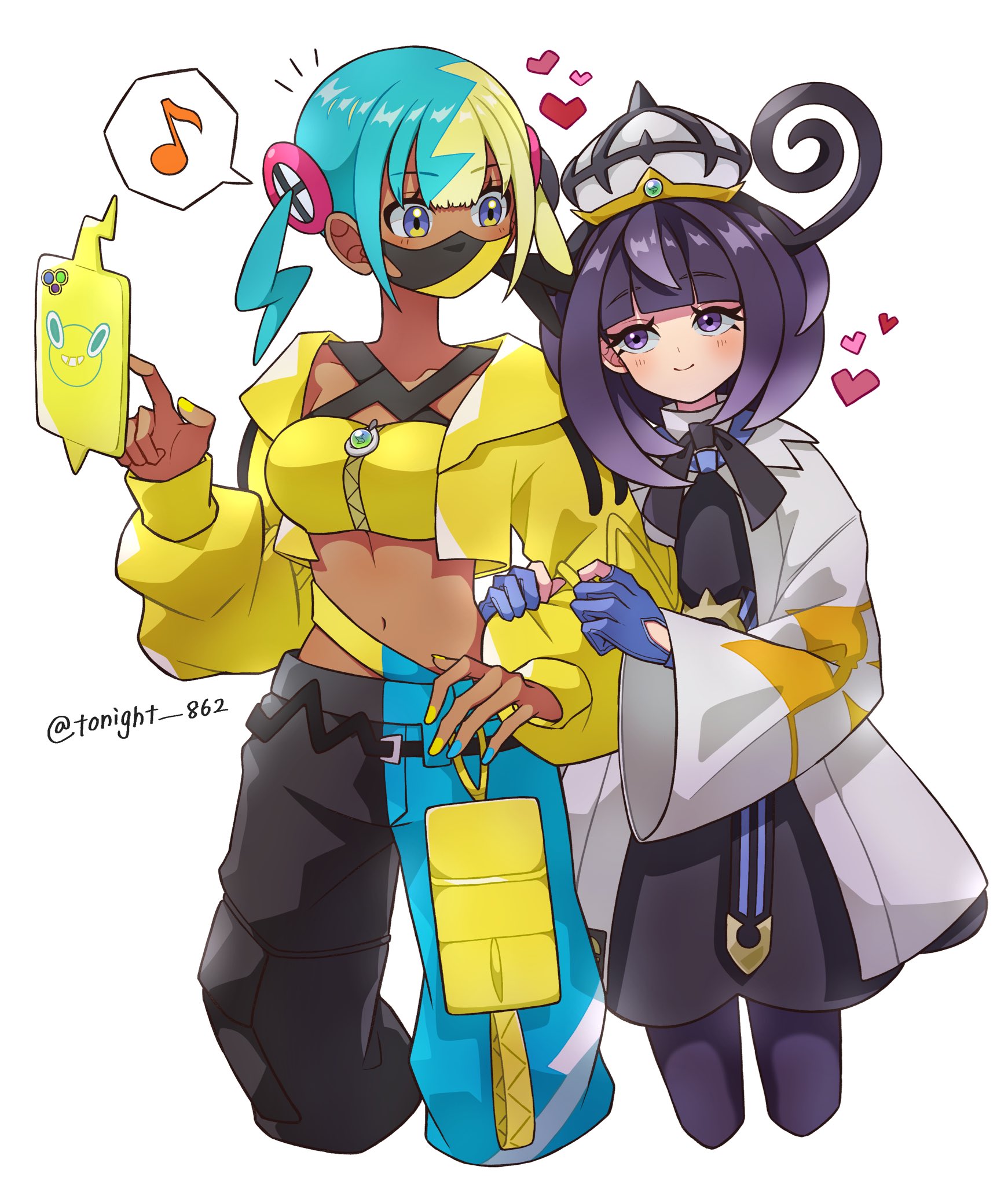 rain (tonight 862), canari (pokemon), gwynn (pokemon), rotom, rotom phone, nintendo, pokemon, pokemon legends: z-a, commentary request, highres, 2girls, aqua hair, bandeau, black hair, black mask, black pants, blonde hair, blue eyes, blue gloves, blue pants, closed mouth, dark-skinned female, dark skin, gen 4 pokemon, gloves, hat, heart, jacket, looking at another, midriff, multicolored hair, multiple girls, musical note, navel, pants, partially fingerless gloves, purple eyes, purple hair, simple background, smile, spoken musical note, twitter username, two-tone mask, two-tone pants, white background, white hat, white jacket, yellow bandeau, yellow jacket, yellow mask, yuri