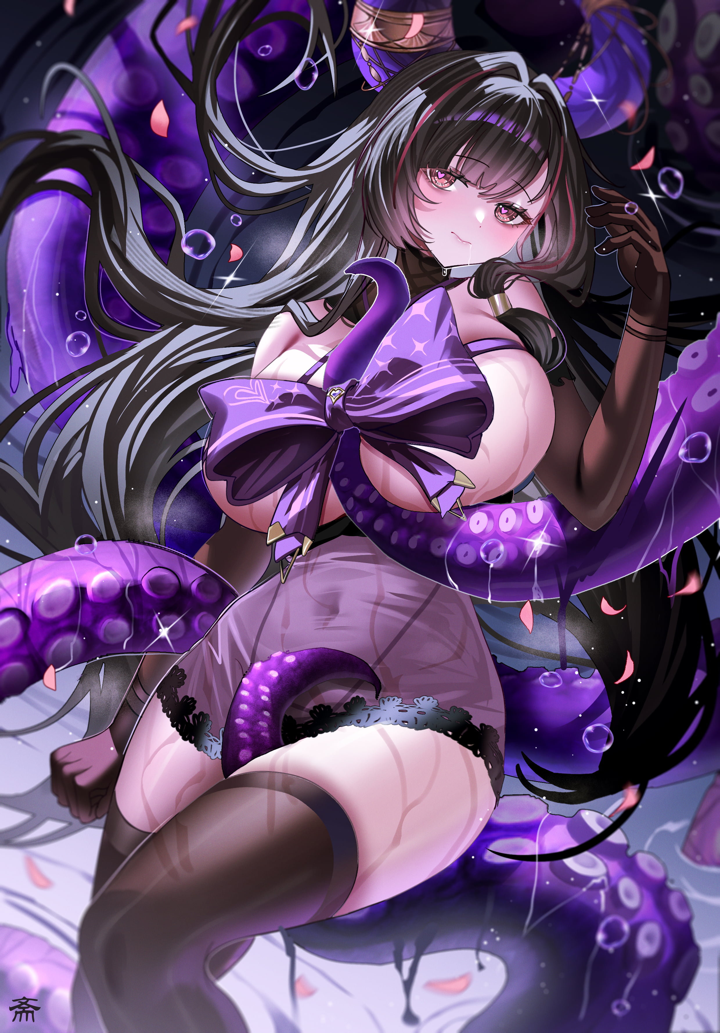 tansuan (ensj3875), queen anne's revenge (azur lane), queen anne's revenge (call of the creeping embrace) (azur lane), azur lane, absurdres, commentary, highres, 1girl, black hair, black thighhighs, bow, breast ribbon, breasts, brown eyes, bubble, covered navel, cowboy shot, drooling, gloves, heart, heart-shaped pupils, long hair, looking at viewer, multicolored hair, official alternate costume, purple bow, see-through clothes, solo, streaked hair, sweat, symbol-shaped pupils, tentacles, thighhighs