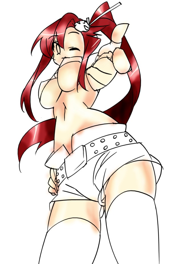 yoko littner, tengen toppa gurren lagann, 00s, 1girl, bad anatomy, breasts, female focus, medium breasts, one eye closed, perspective, poorly drawn, solo, underboob
