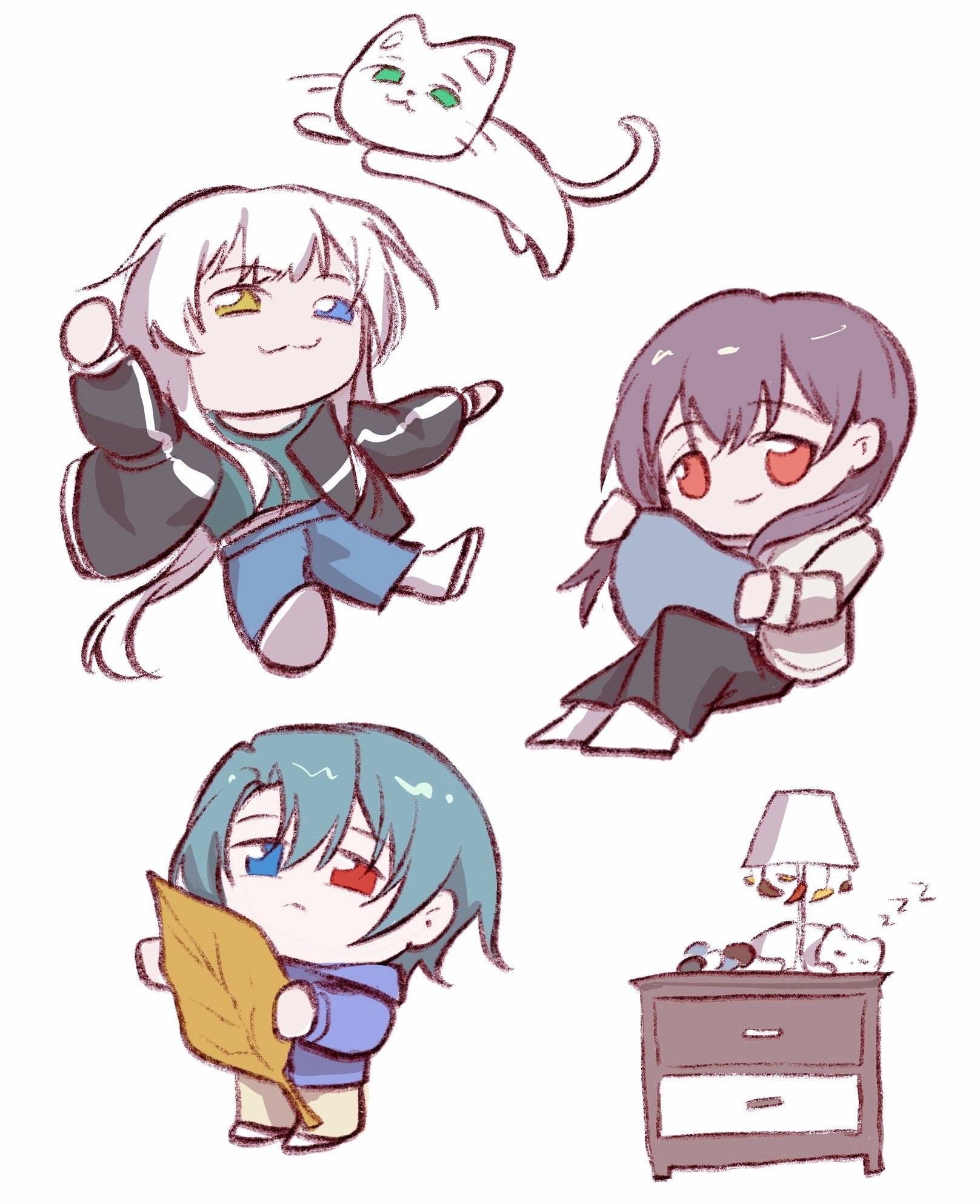 hero45439083942, kaname raana, takamatsu tomori, bang dream!, bang dream! it's mygo!!!!!, original, chinese commentary, commentary request, highres, 3girls, :3, aged up, blue eyes, blue hoodie, brown hair, cat, chibi, grey hair, heterochromia, hood, hoodie, long hair, mother and daughter, multiple girls, red eyes, science babies, simple background, white background, white hair, yellow eyes