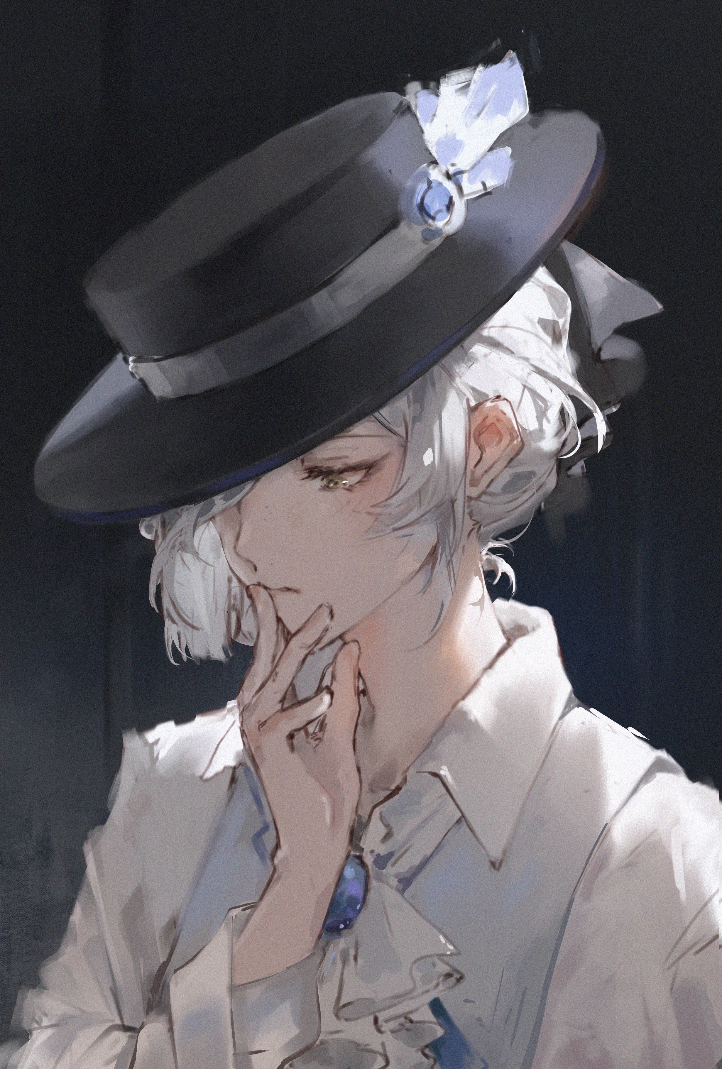 elyzerda, vertin (reverse:1999), reverse:1999, absurdres, highres, 1girl, ascot, black background, blue gemstone, finger to mouth, gem, hat, no coat, short hair, sleeves rolled up, solo, vest, white ascot, white hair, white vest