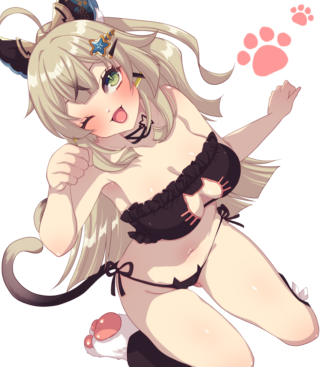 utani (punishment), kirara (genshin impact), genshin impact, highres, 1girl, ahoge, animal cutout, animal feet, arm up, armpits, black bra, black choker, black leg warmers, black panties, bow, bra, breasts, brown hair, cat cutout, cat ear panties, cat feet, cat lingerie, cat tail, center-flap bangs, choker, cleavage, clothing cutout, double-parted bangs, frilled bra, frills, from above, gluteal fold, green eyes, green pupils, grey background, grey hair, hair between eyes, hair bow, hair ornament, hairclip, heart, heart tail, kneeling, leg warmers, legs apart, long hair, looking at viewer, looking down, medium breasts, multicolored hair, multiple tails, navel, nekomata, one eye closed, open mouth, panties, paw pose, pawpads, side-tie panties, simple background, slit pupils, smile, solo, stomach, strapless, strapless bra, streaked hair, tail, two-tone hair, two tails, underwear, underwear only, very long hair