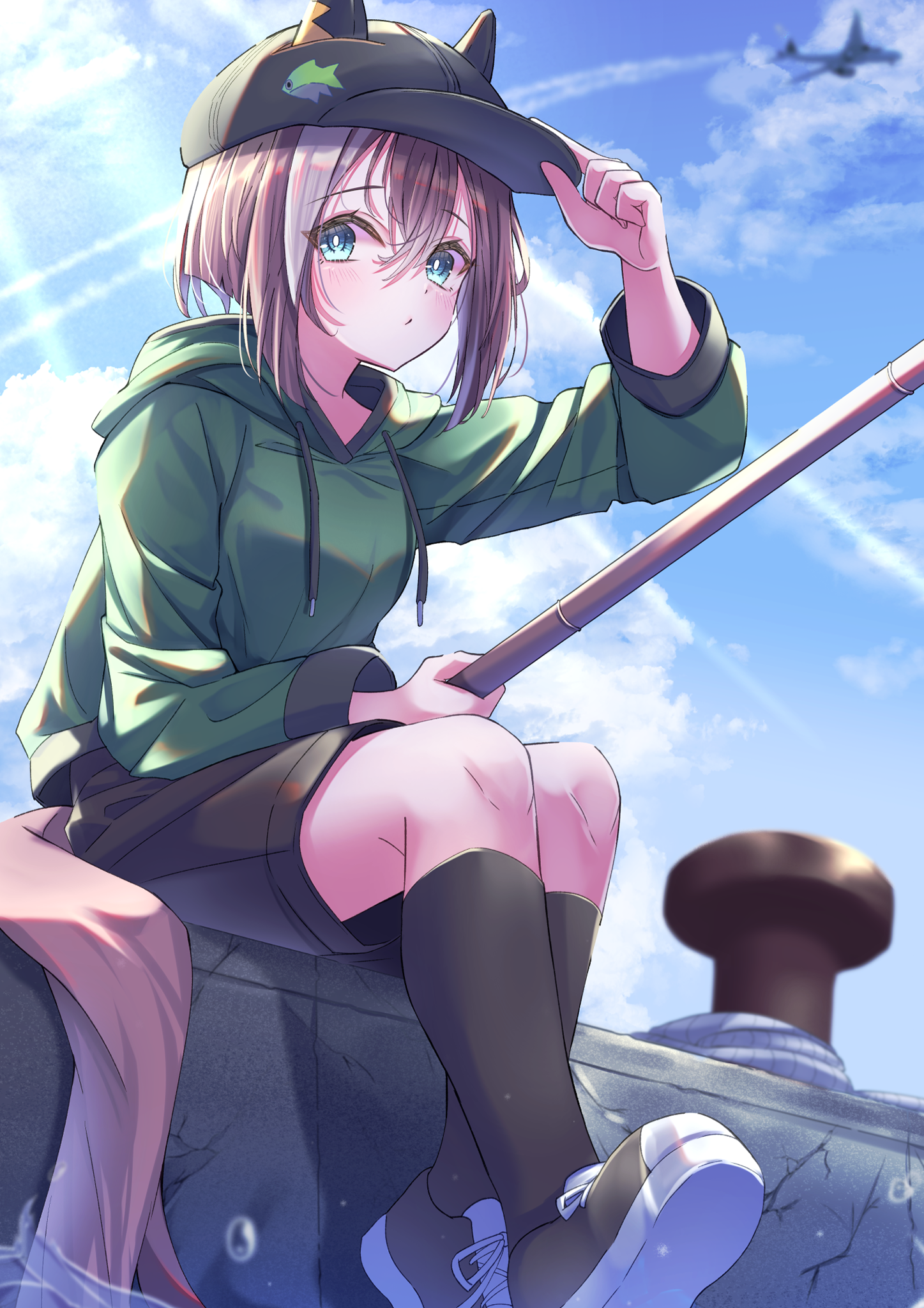 takenaka takeshi, cheval grand (casual) (umamusume), cheval grand (umamusume), umamusume, commentary request, highres, 1girl, aircraft, airplane, animal ears, black hat, black shoes, black shorts, black socks, blue eyes, brown hair, cloud, day, drawstring, ears through headwear, fishing, fishing rod, green hoodie, hair between eyes, hand on headwear, hat, holding, holding fishing rod, hood, hoodie, horse ears, horse girl, horse tail, kneehighs, long sleeves, looking at viewer, multicolored hair, outdoors, shoes, short hair with long locks, shorts, sitting, socks, solo, streaked hair, sunlight, tail, white hair