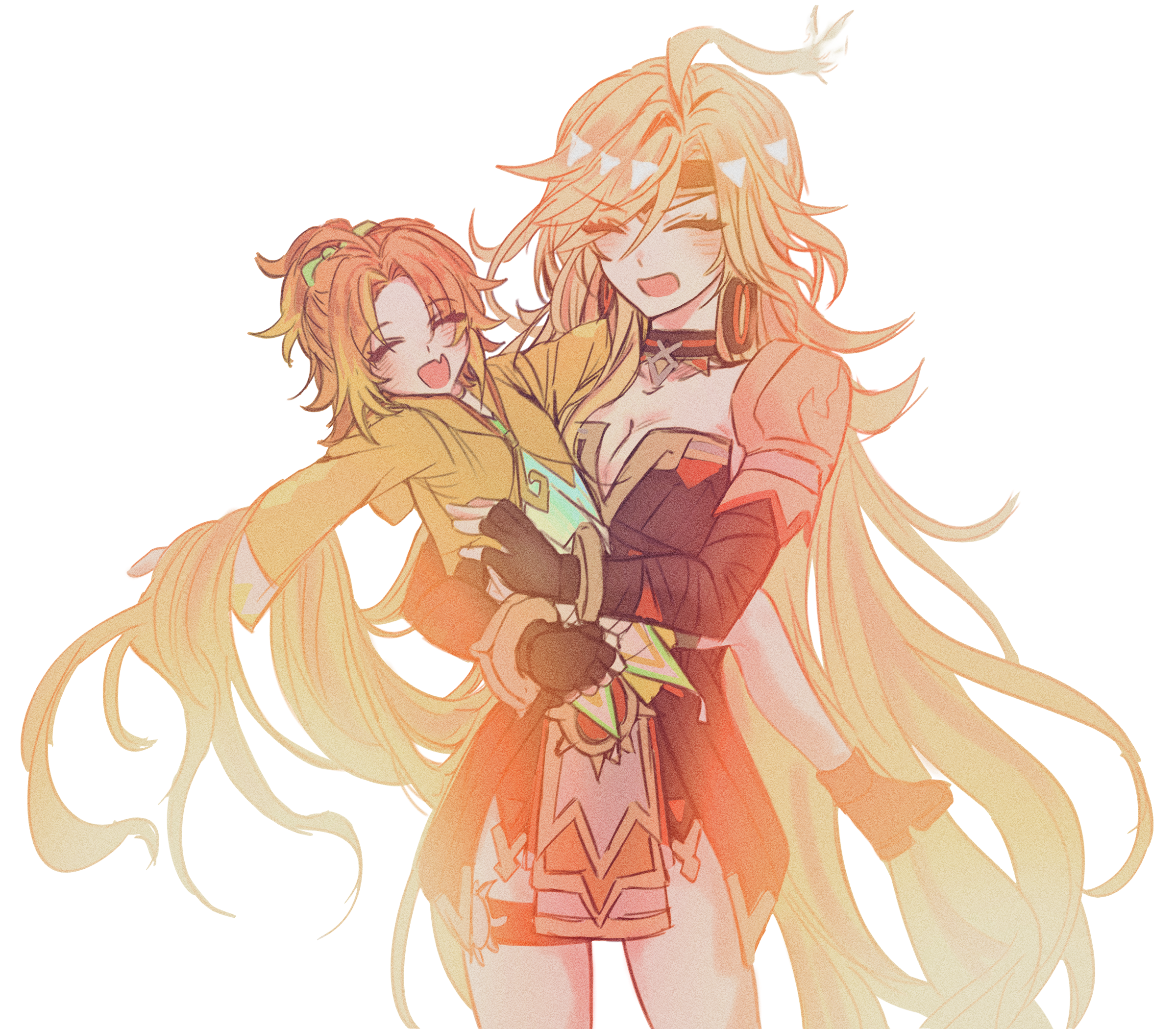 mavuika ("sunset") (genshin impact), mavuika (genshin impact), genshin impact, commentary request, highres, 2girls, ahoge, black choker, black dress, black gloves, breasts, carrying, carrying person, child carry, choker, cleavage, closed eyes, cowboy shot, dress, gloves, gradient hair, happy, headband, hine (genshin impact), kin (k27i7n), large breasts, long hair, multicolored hair, multiple girls, open mouth, orange hair, outstretched arms, siblings, simple background, sisters, very long hair, white background