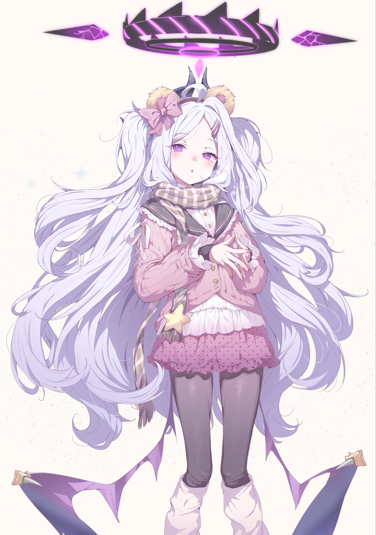 youguo naberu, blue archive, highres, ahoge, black halo, blush, demon girl, demon horns, demon wings, halo, horns, long hair, looking at viewer, low wings, purple eyes, simple background, standing, twintails, very long hair, white background, white hair, wings, winter uniform