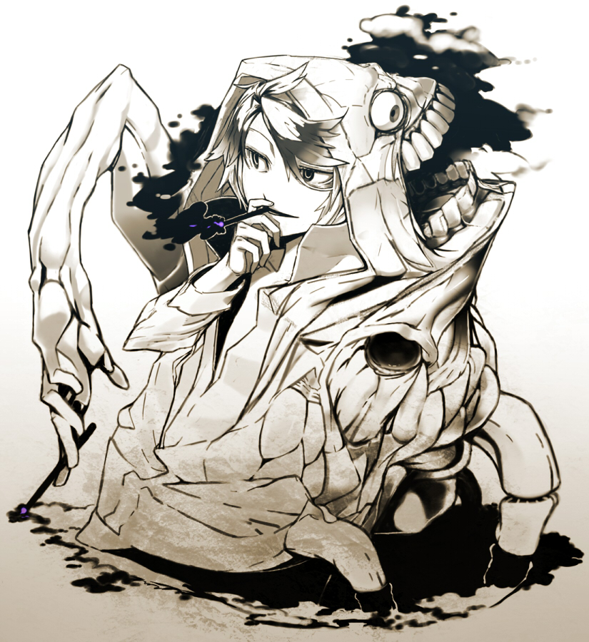 kahadu (kawazu), original, bad id, bad pixiv id, 1girl, female focus, hood, monochrome, monster, sepia, smoking, solo, spot color, what