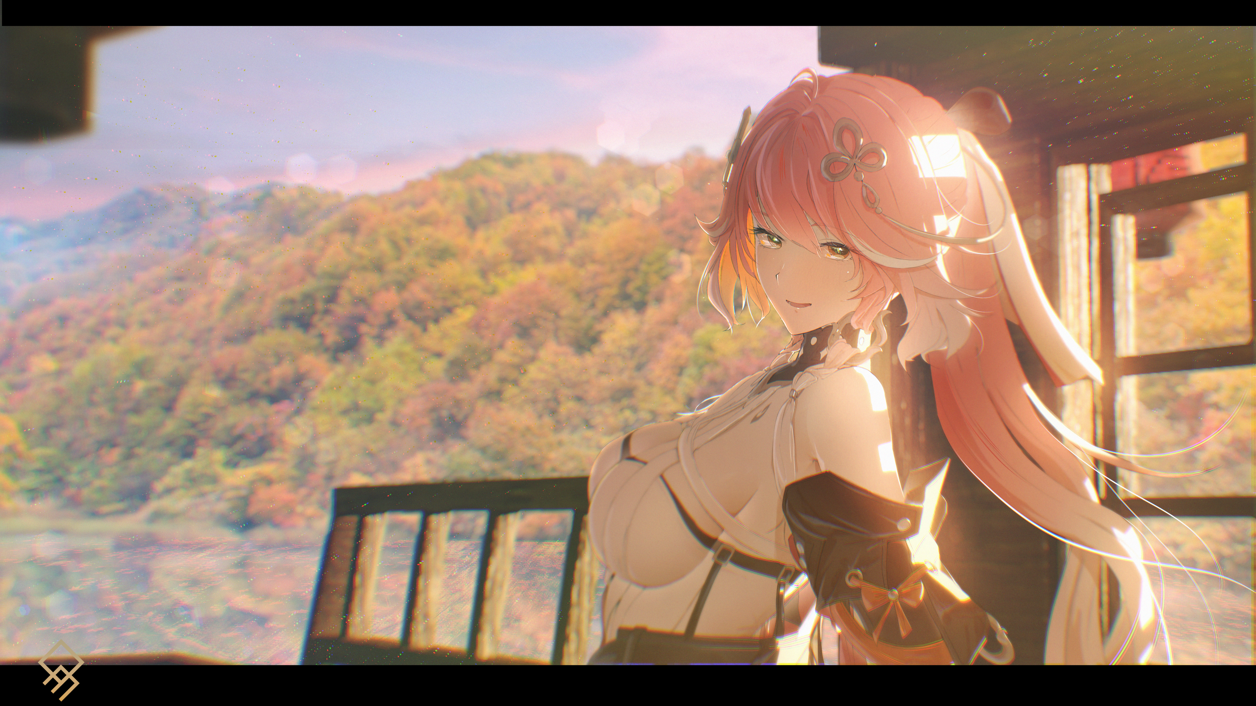 quragenomiken, changli (wuthering waves), wuthering waves, absurdres, commentary, commentary request, english commentary, highres, mixed-language commentary, 1girl, artist logo, bare shoulders, black collar, body markings, breasts, chromatic aberration, cleavage, collar, from side, gradient hair, hair extensions, hair ornament, large breasts, letterboxed, logo, long hair, looking at viewer, looking to the side, multicolored hair, outdoors, parted lips, pink hair, ponytail, ring hair extensions, smile, solo, white hair, yellow eyes