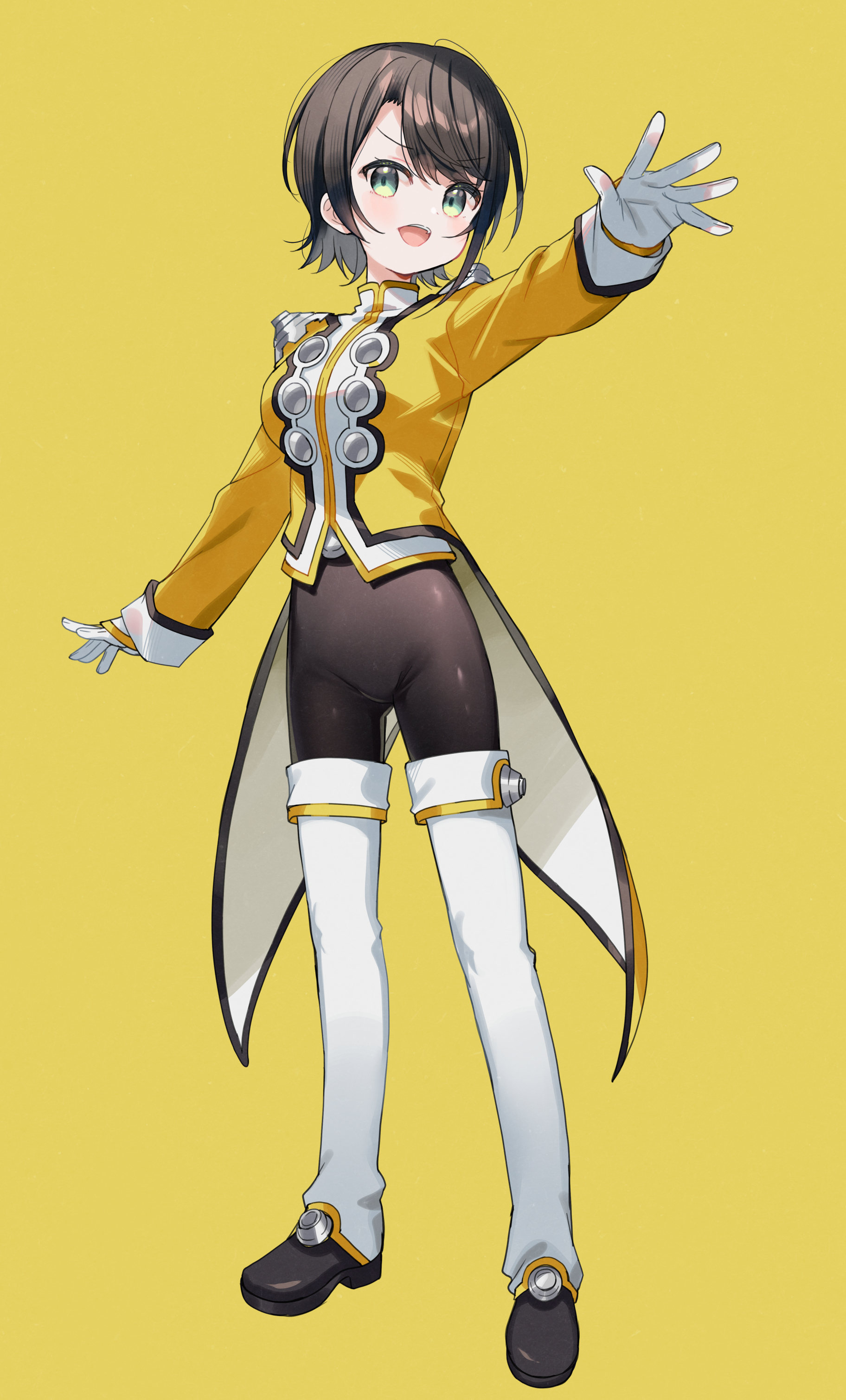 meito (maze), oozora subaru, hololive, absurdres, highres, 1girl, :d, black bodysuit, black hair, black shoes, blush, bodysuit, bodysuit under clothes, breasts, full body, gloves, green eyes, jacket, long sleeves, looking at viewer, medium breasts, open mouth, outstretched arm, shoes, short hair, simple background, sleeves past wrists, smile, solo, standing, virtual youtuber, white gloves, yellow background, yellow jacket