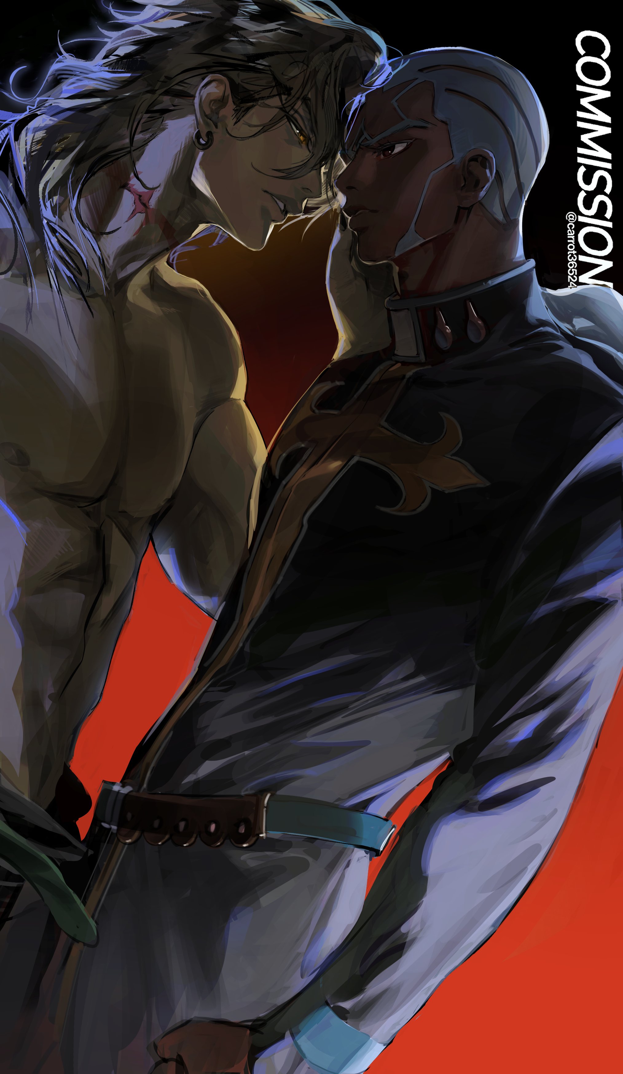 jewangchobab, dio brando, enrico pucci, jojo no kimyou na bouken, stone ocean, absurdres, commission, hashtag-only commentary, highres, 2boys, belt, black robe, blue belt, brown hair, buzz cut, cassock, cross, cross print, dark-skinned male, dark skin, earrings, eye contact, face-to-face, facial hair, hand on another's face, high collar, jewelry, long hair, looking at another, male focus, multiple boys, muscular, muscular male, nipples, parted lips, pectorals, priest, red background, robe, scar, scar on neck, short hair, teeth, time paradox, topless male, very short hair, white hair, yaoi, yellow eyes