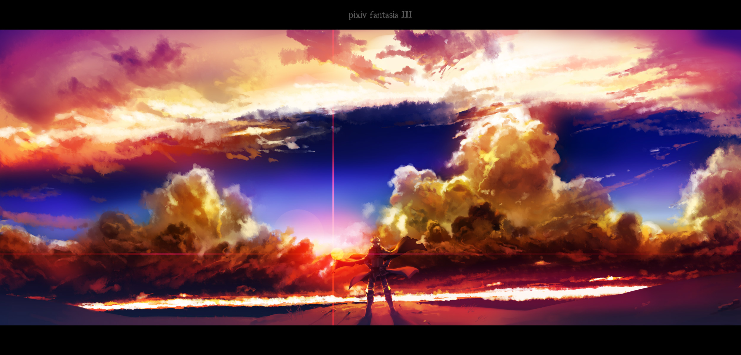 kiritachi, pixiv fantasia, pixiv fantasia 3, highres, cloud, epic, landscape, lens flare, letterboxed, male focus, manly, scenery, sky, solo, sunrise