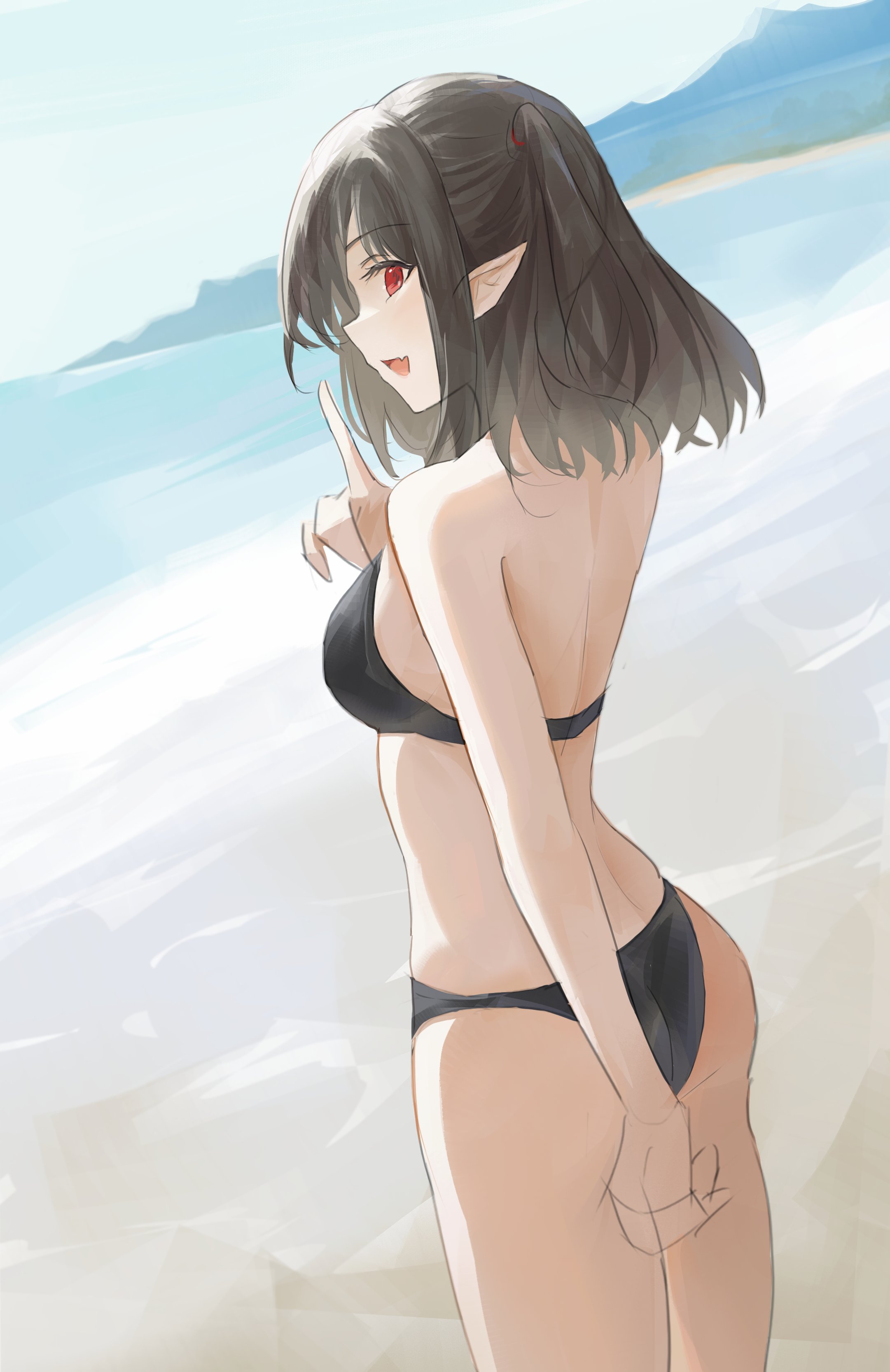 shizuyumemi, closure (arknights), arknights, absurdres, highres, 1girl, back, bare shoulders, beach, bikini, black bikini, black hair, breasts, from behind, index finger raised, looking at viewer, medium breasts, medium hair, open mouth, pointy ears, red eyes, solo, swimsuit, water