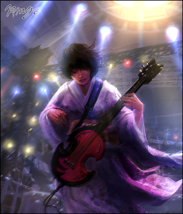 studio yang, shiina ringo, real life, 1girl, black hair, concert, female focus, guitar, instrument, japanese clothes, kimono, mole, shina ringo, short hair, solo