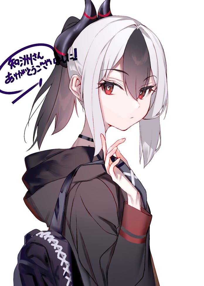 tsukudani (ore624), kayoko (blue archive), blue archive, chinese commentary, commentary request, commission, skeb commission, translation request, 1girl, backpack, bag, black choker, black hair, black jacket, choker, closed mouth, from side, grey hair, hair between eyes, holding, holding bag, hood, hooded jacket, jacket, long sleeves, looking at viewer, multicolored hair, no halo, red eyes, sidelocks, simple background, solo, two-tone hair, white background