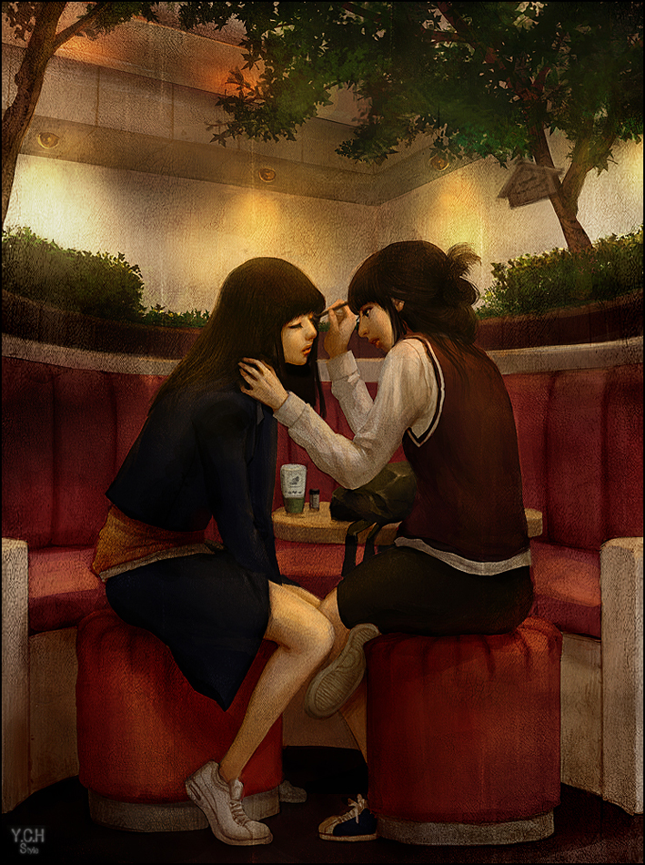 studio yang, oil painting (medium), painting (medium), traditional media, 2girls, applying makeup, bag, black hair, handbag, long hair, makeup, makeup brush, multiple girls, skirt