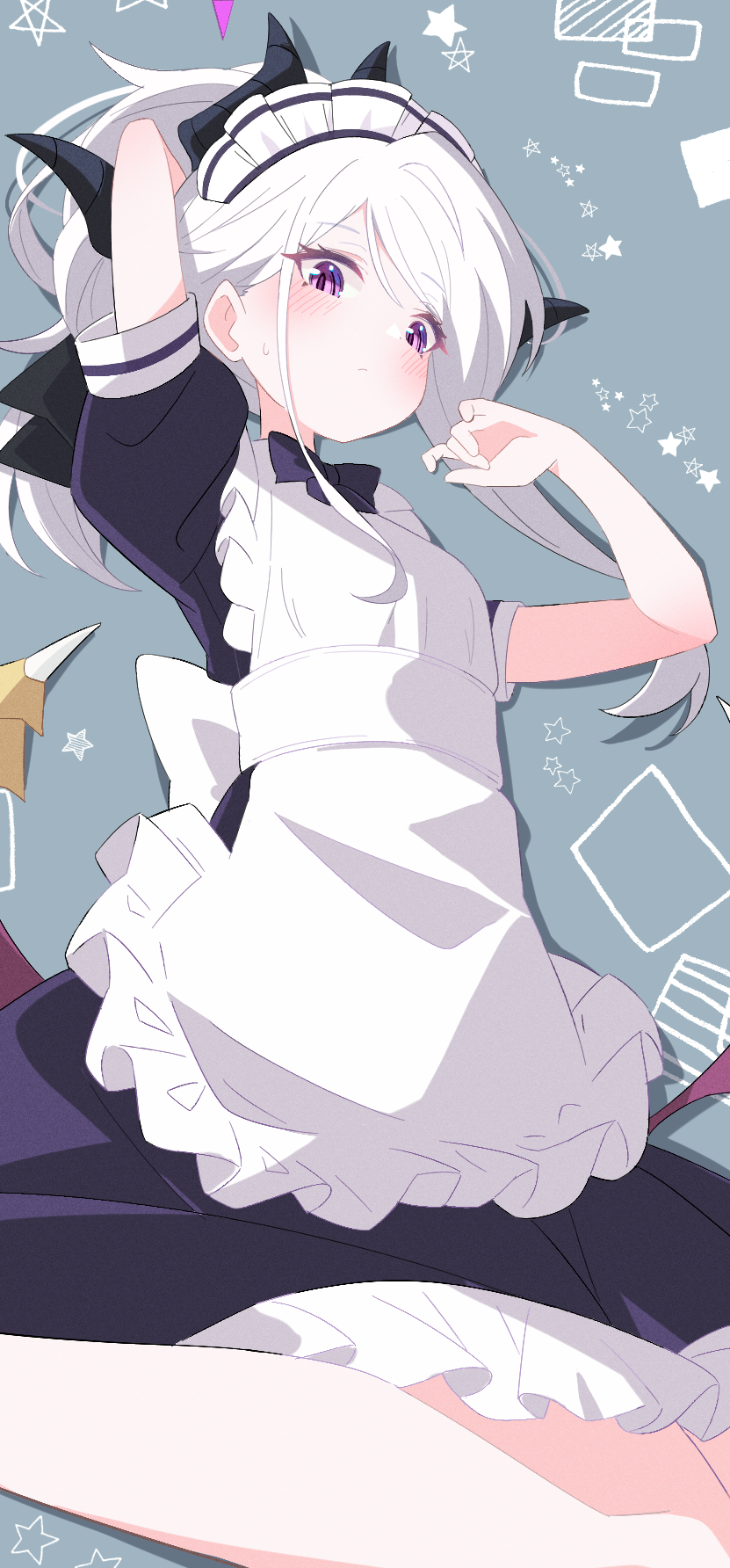 sasanoha (sasanoha0712), hina (blue archive), blue archive, highres, 1girl, apron, blush, demon girl, demon horns, demon wings, halo, hand up, horns, long hair, looking at viewer, low wings, maid, maid apron, maid headdress, purple eyes, sitting, white hair, wings