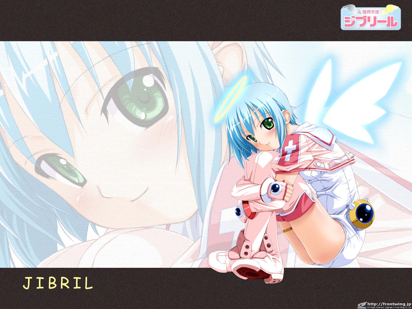 kuuchuu yousai, djibril (makai tenshi djibril), manabe rika, makai tenshi djibril, highres, official art, official wallpaper, 1girl, angel, blue hair, blush, bob cut, boots, close-up, crop top, cross, crossed arms, crossed legs, elbow gloves, female focus, fingerless gloves, gem, gloves, glowing, green eyes, halo, head tilt, hugging own legs, leaning forward, letterboxed, looking at viewer, looking back, magical girl, one-piece swimsuit, pink boots, pink shrug, pink thighhighs, profile, school swimsuit, short hair, shrug (clothing), sitting, smile, solo, swimsuit, swimsuit costume, swimsuit under clothes, thigh boots, thigh strap, thighhighs, thighs, white one-piece swimsuit, white school swimsuit, wings, zoom layer