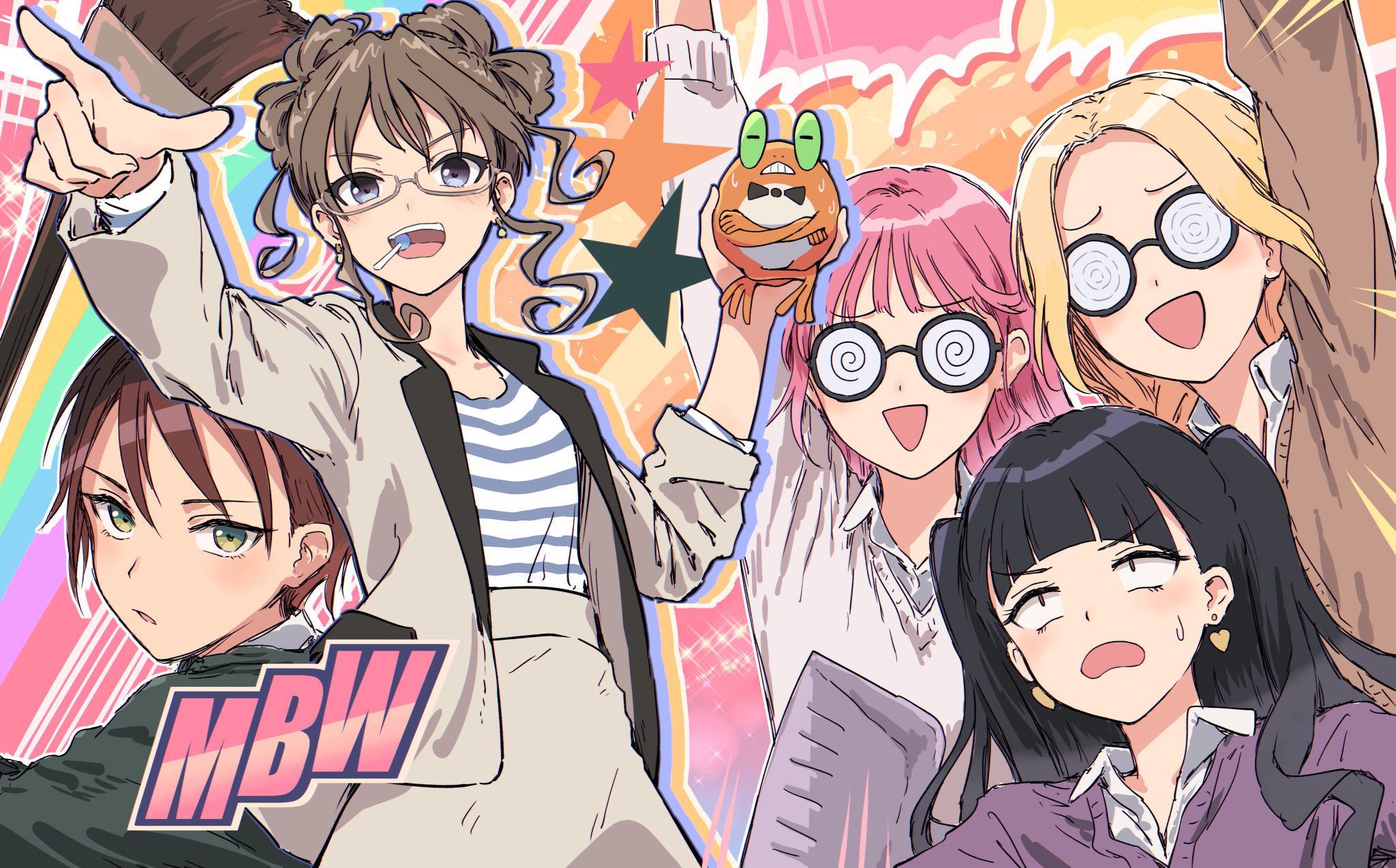 yukitake (xuserpost), akagi yuina, kamiizumi mai, kitahara kyouka, mitsumata choco, niisato azu, maebashi witches, highres, 5girls, :d, animal, arched bangs, black-framed eyewear, black hair, blonde hair, blush, bow-shaped hair, broom, brown cardigan, brown hair, cardigan, clenched teeth, coke-bottle glasses, collared shirt, colorful background, d:, dustpan, earrings, glasses, green eyes, grey-framed eyewear, heart, heart earrings, holding, holding animal, holding broom, holding dustpan, holding frog, initial, jewelry, keroppe, long hair, long sleeves, medium hair, multiple girls, nervous sweating, open mouth, parted bangs, pink hair, purple sweater, semi-rimless eyewear, shirt, short hair with long locks, smile, sweat, sweatdrop, sweater, teeth, two side up, under-rim eyewear, v-shaped eyebrows, white shirt, white sweater