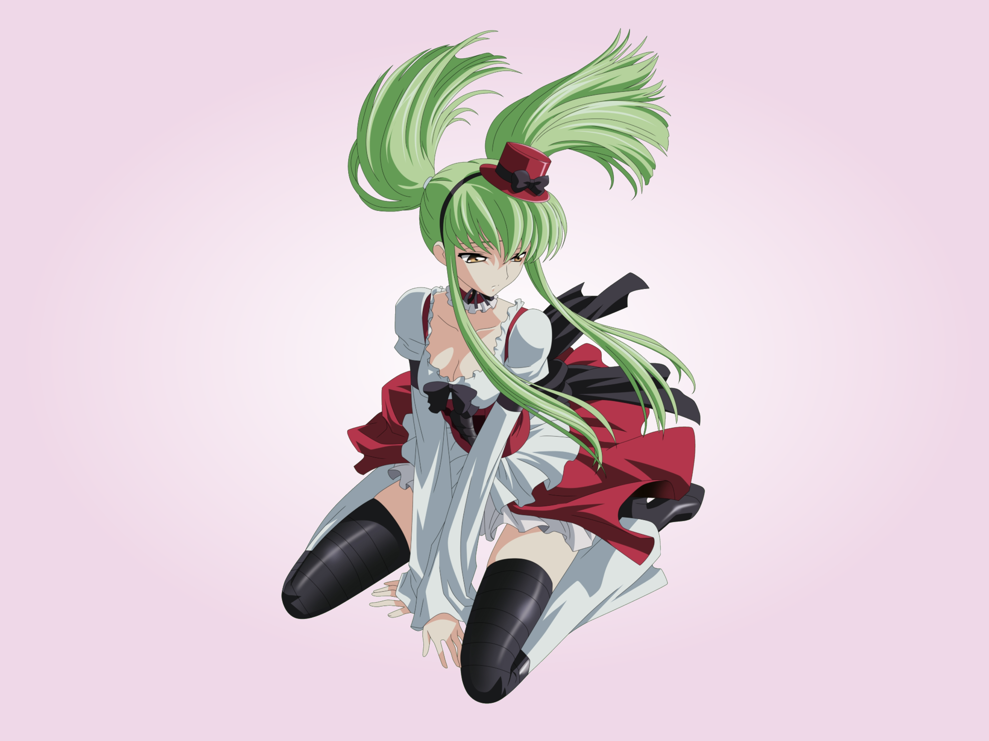 c.c., code geass, highres, 00s, 1girl, breasts, cleavage, dress, female focus, green hair, hat, kneeling, large breasts, long hair, solo, thighhighs