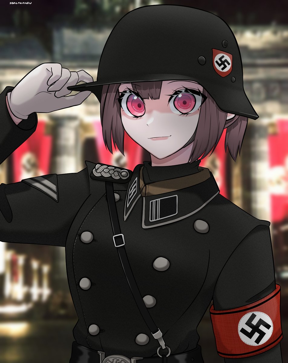 koalakanru, original, highres, 1girl, armband, armor, artist name, black shirt, brown hair, collared shirt, gloves, hair between eyes, helmet, long sleeves, military uniform, nazi, pauldrons, photo background, ponytail, red armband, red eyes, reichsadler, shirt, short hair, shoulder armor, siegrunen, single pauldron, solo, ss insignia, swastika, waffen-ss, white gloves