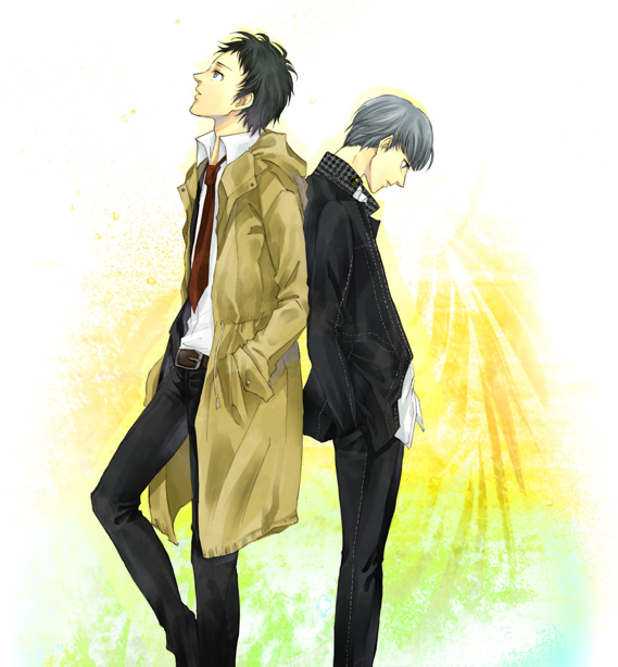 toki-o, adachi tooru, narukami yu, atlus, persona, persona 4, bad id, bad pixiv id, 2boys, back-to-back, male focus, multiple boys, necktie