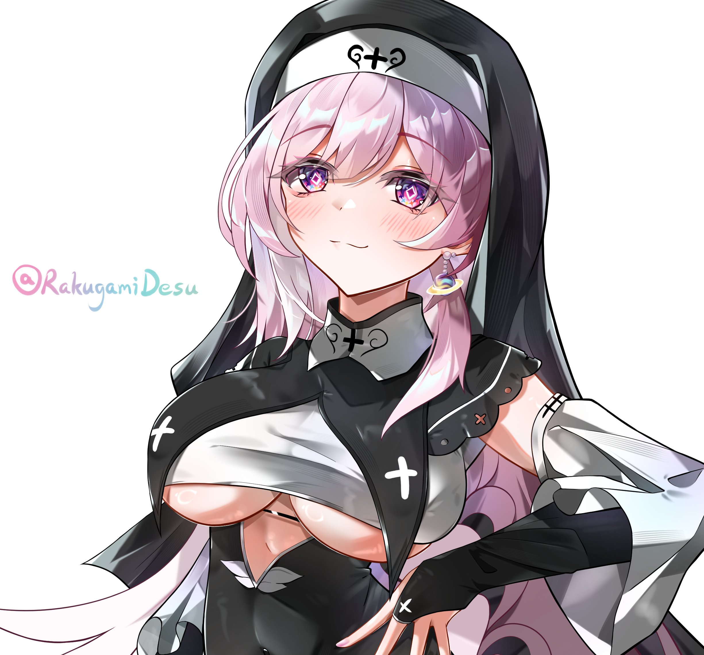 rakugamidesu, cyrene (honkai: star rail), cyrene (ripples of past reverie) (honkai: star rail), honkai: star rail, honkai (series), commentary request, highres, 1girl, alternate costume, black dress, black veil, breasts, diamond-shaped pupils, diamond (shape), dress, earrings, jewelry, large breasts, long hair, looking at viewer, multicolored hair, nun, pink hair, purple eyes, simple background, smile, solo, symbol-shaped pupils, twitter username, two-tone hair, underboob, upper body, veil, very long hair, white background, white hair