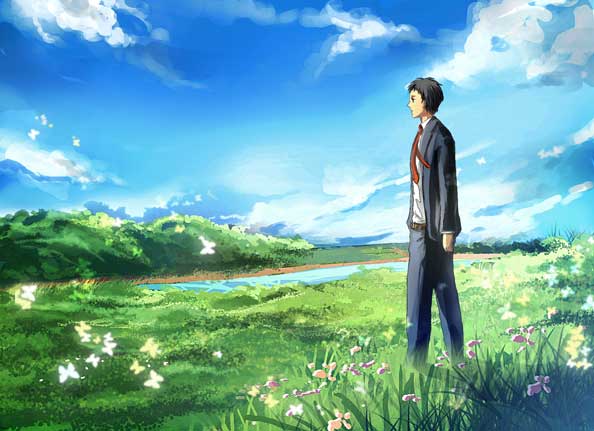 toki-o, adachi tooru, atlus, persona, persona 4, bad id, bad pixiv id, 1boy, arms at sides, blouse, bug, butterfly, collared shirt, day, formal clothes, insect, male focus, necktie, outdoors, plant, red necktie, scenery, shirt, sky, solo, standing, suit, white shirt
