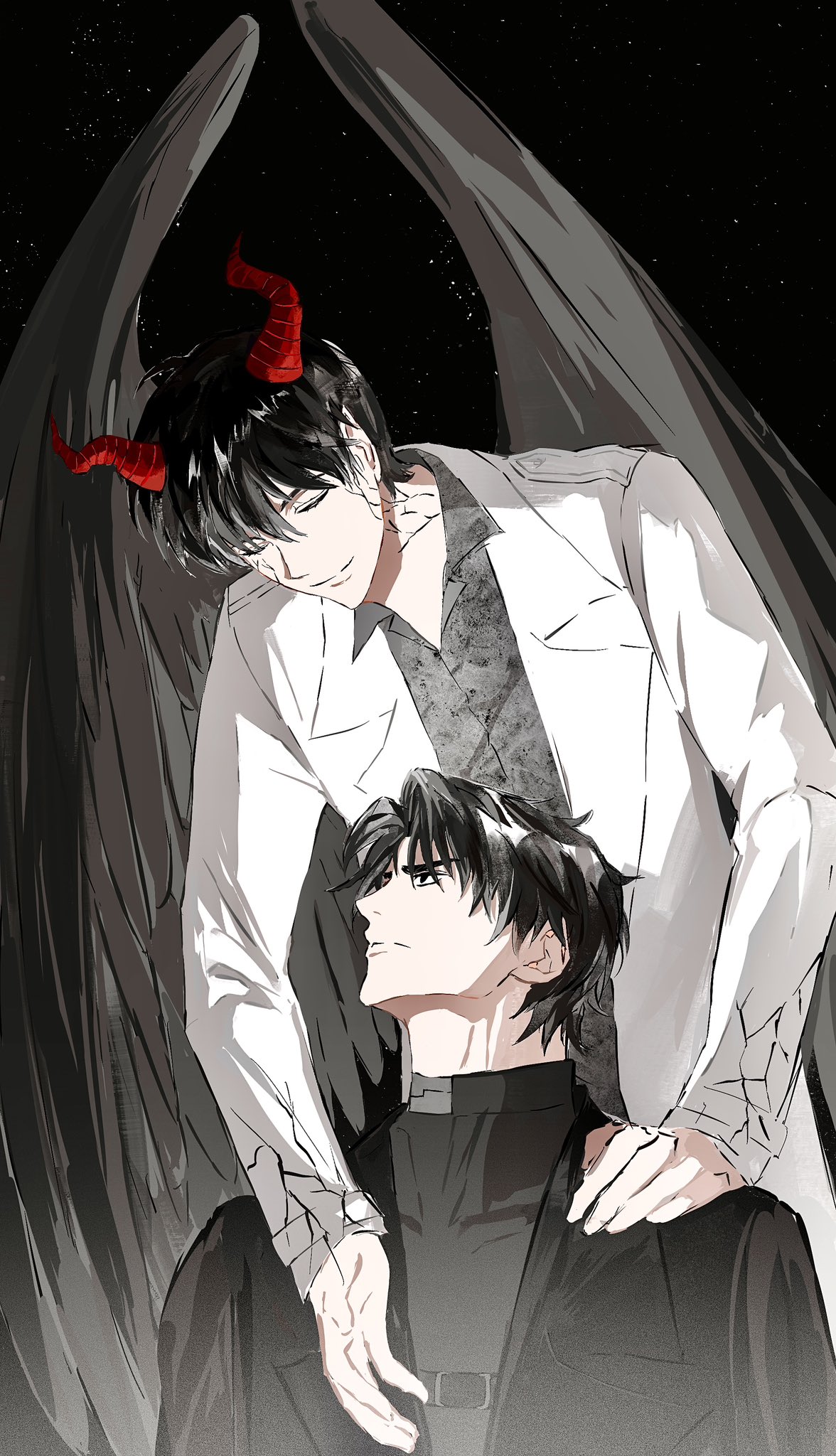 kim dokja, yoo joonghyuk, omniscient reader's viewpoint, highres, 2boys, 8d2suga9, black coat, black hair, black shirt, black wings, closed eyes, coat, colored skin, cowboy shot, curtained hair, demon horns, feathered wings, hand on another's shoulder, head tilt, horns, looking at another, male focus, multiple boys, official alternate costume, open clothes, open coat, popped collar, shirt, short hair, smile, white coat, wings