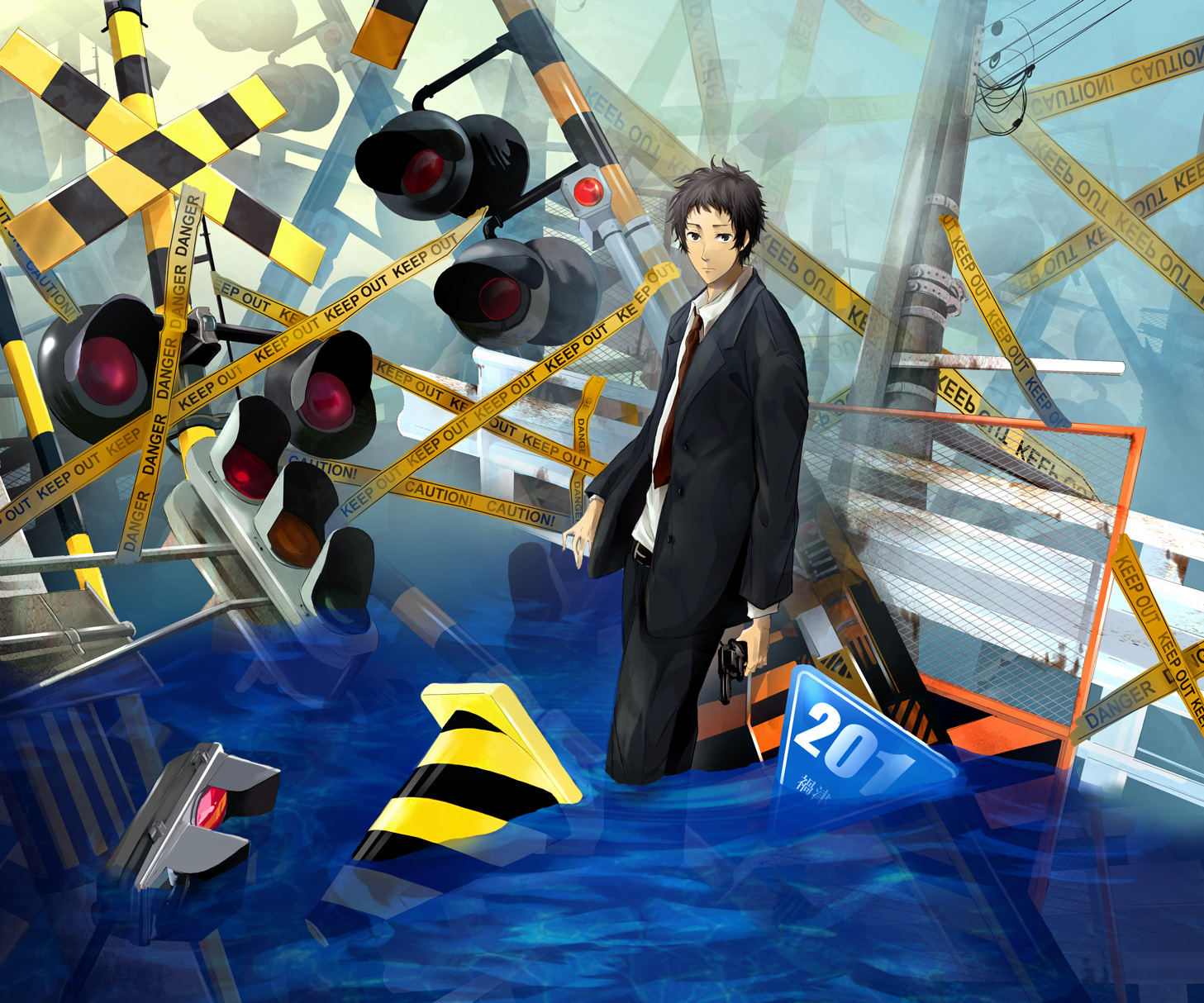 toki-o, adachi tooru, atlus, persona, persona 4, bad id, bad pixiv id, highres, 1boy, caution tape, gun, handgun, keep out, male focus, necktie, railroad crossing, revolver, solo, traffic cone, traffic light, water, weapon