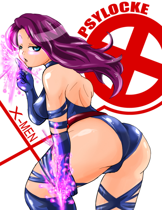 marimo (ankokumarimo), psylocke, marvel, x-men, 1girl, ass, blue eyes, breasts, covered erect nipples, elbow gloves, female focus, gloves, leotard, long hair, purple hair, solo