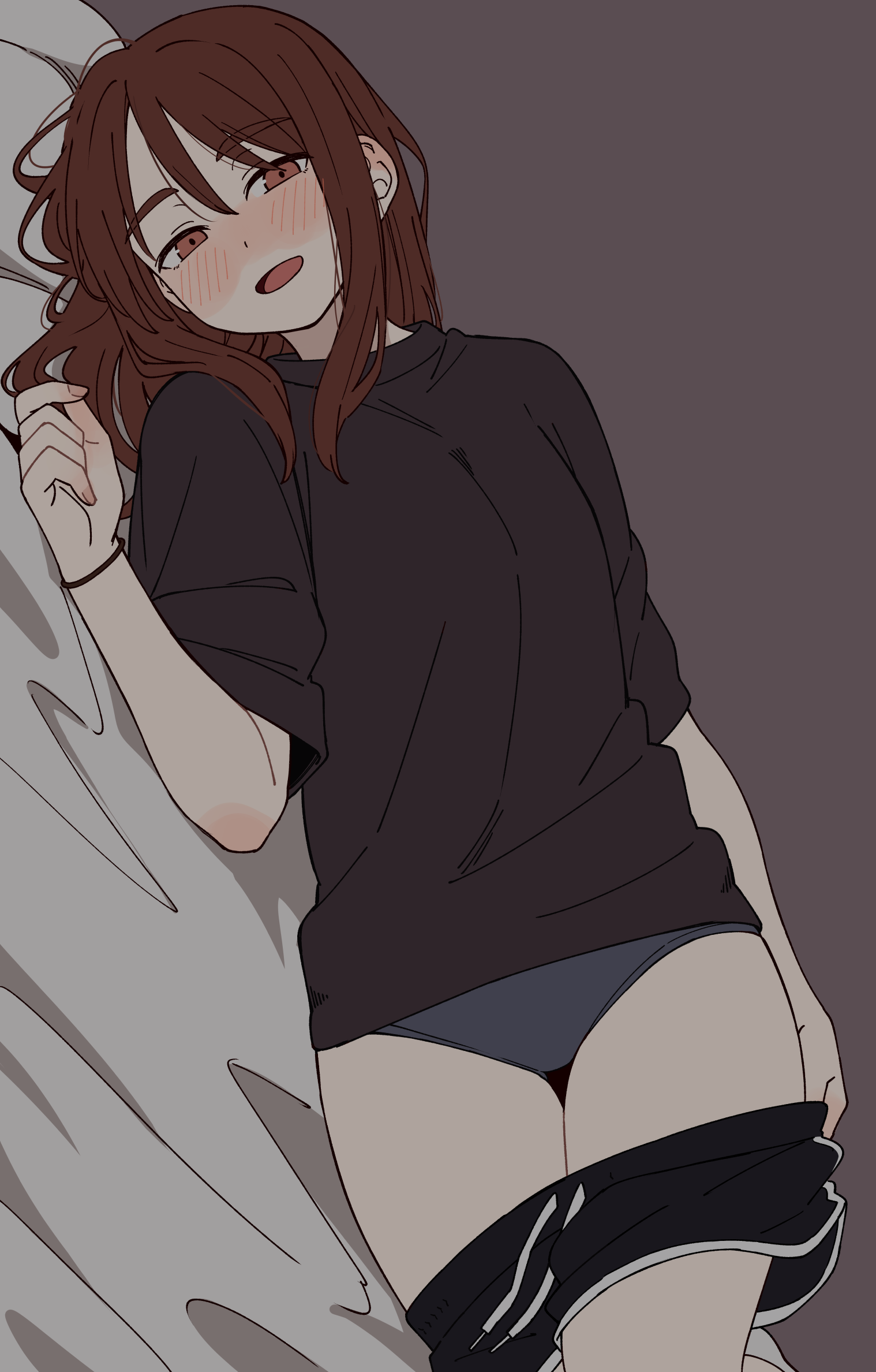 kapatarou, original, commentary request, highres, 1girl, :d, aroused, bed sheet, black shirt, black shorts, blush, blush stickers, brown eyes, brown hair, clothes pull, dolphin shorts, dutch angle, grey background, grey panties, hair between eyes, legs, long hair, looking at viewer, lying, nose blush, on side, open mouth, panties, pants, pants pull, shirt, short shorts, short sleeves, shorts, simple background, smile, thick eyebrows, underwear