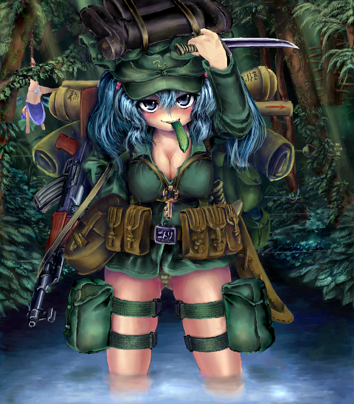 okiraku nikku, cirno, kawashiro nitori, touhou, 2girls, ak-47, assault rifle, backpack, bag, blue eyes, blue hair, breasts, cleavage, cucumber, explosive, gun, hair bobbles, hair ornament, hat, kalashnikov, kalashnikov rifle, knife, large breasts, machete, mine (weapon), multiple girls, panties, randoseru, rifle, striped clothes, striped panties, two side up, underwear, wading, water, weapon