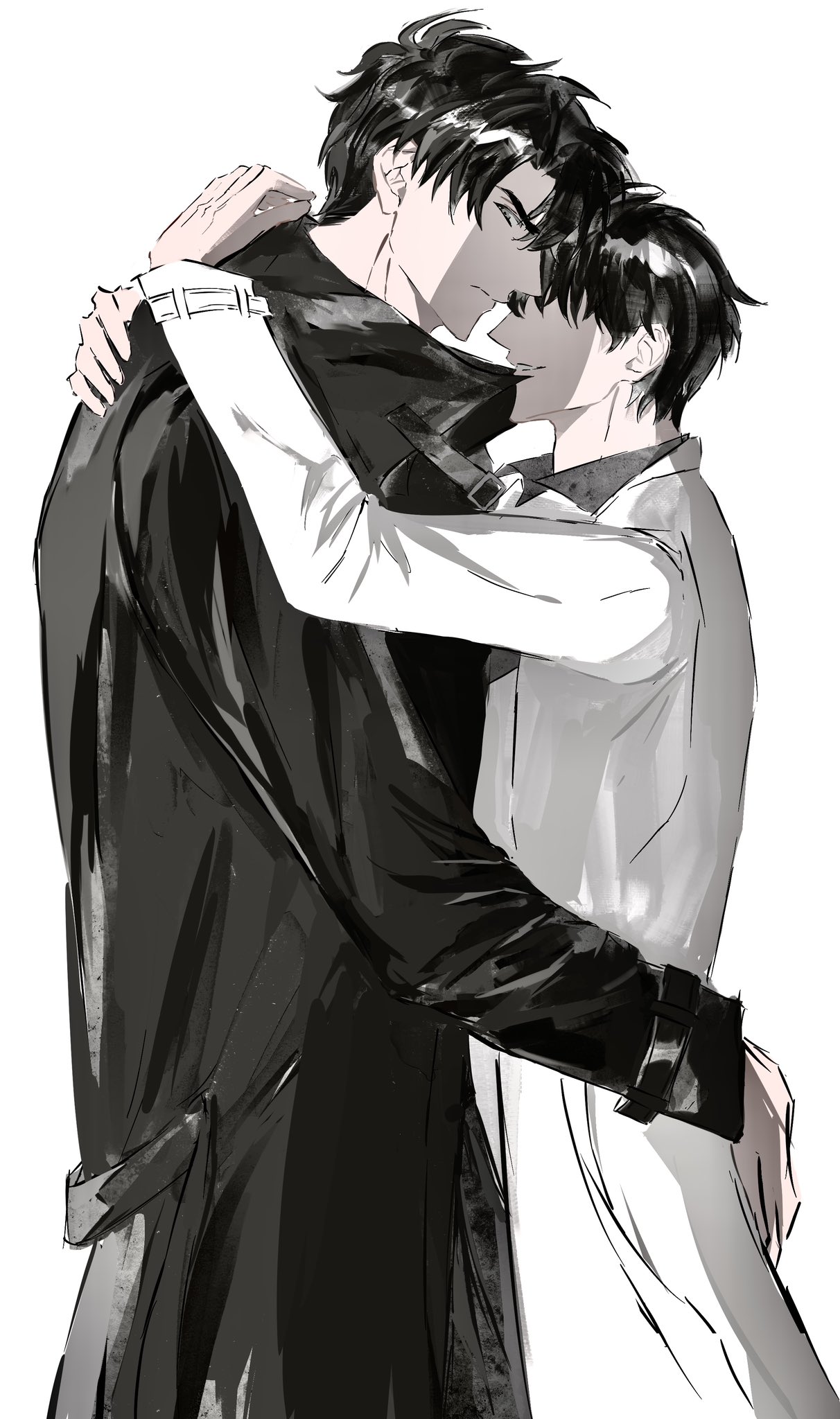 kim dokja, yoo joonghyuk, omniscient reader's viewpoint, highres, 2boys, 8d2suga9, arm around back, black coat, black hair, black shirt, coat, curtained hair, grin, hair over eyes, hand on another's back, hug, looking to the side, male focus, multiple boys, narrowed eyes, open clothes, open coat, popped collar, shirt, short hair, smile, white coat, yaoi