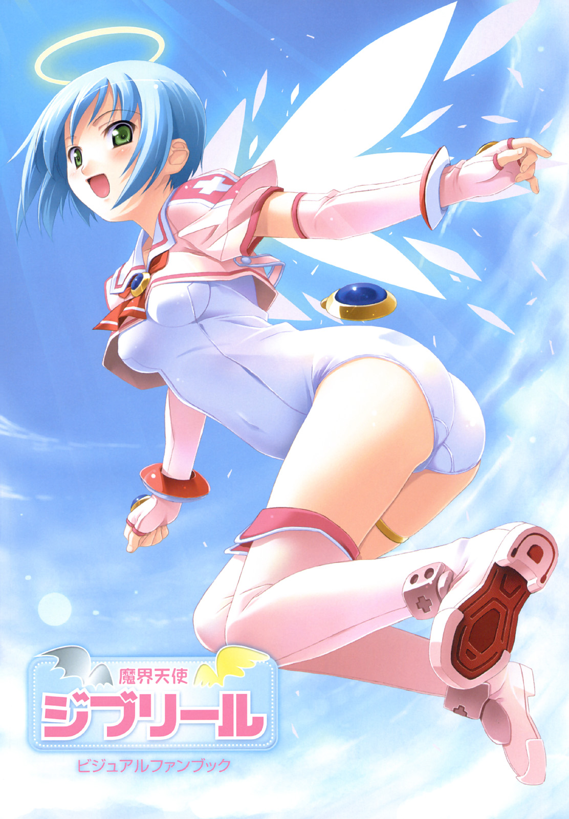kuuchuu yousai, djibril (makai tenshi djibril), manabe rika, makai tenshi djibril, highres, official art, scan, 1girl, :d, angel, angel wings, arched back, armor, ass, blue hair, blue sky, blush, boots, bracer, brooch, clenched hand, cloud, copyright name, covered navel, crop top, cross, day, elbow gloves, female focus, fingerless gloves, flapper shirt, flying, from side, gem, gloves, glowing, glowing wings, green eyes, halo, jewelry, leaning forward, leg lift, light rays, looking at viewer, looking back, magical girl, necktie, one-piece swimsuit, open mouth, outdoors, outstretched arms, pink boots, pink gloves, pink shrug, pink thighhighs, puffy short sleeves, puffy sleeves, red cross, school swimsuit, school uniform, serafuku, shin guards, shirt, short hair, short sleeves, shrug (clothing), sky, smile, solo, spread arms, sunbeam, sunlight, swimsuit, swimsuit costume, swimsuit under clothes, thigh boots, thighhighs, thighlet, traditional halo, white one-piece swimsuit, white school swimsuit, wings