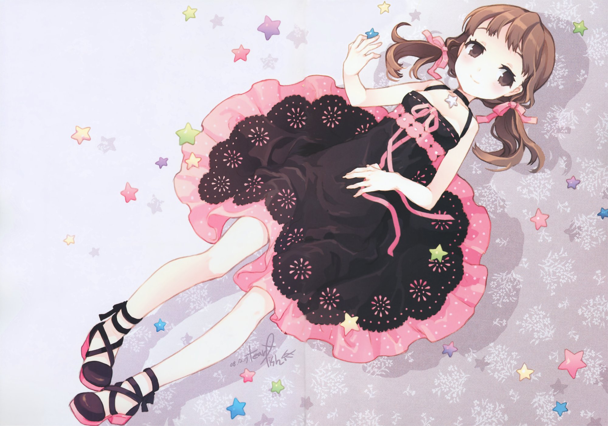 tearfish, doujima nanako, atlus, persona, persona 4, highres, scan, scan artifacts, 1girl, brown eyes, brown hair, child, circle skirt, dress, female focus, hair ribbon, lying, on back, ribbon, smile, solo, star (symbol), twintails