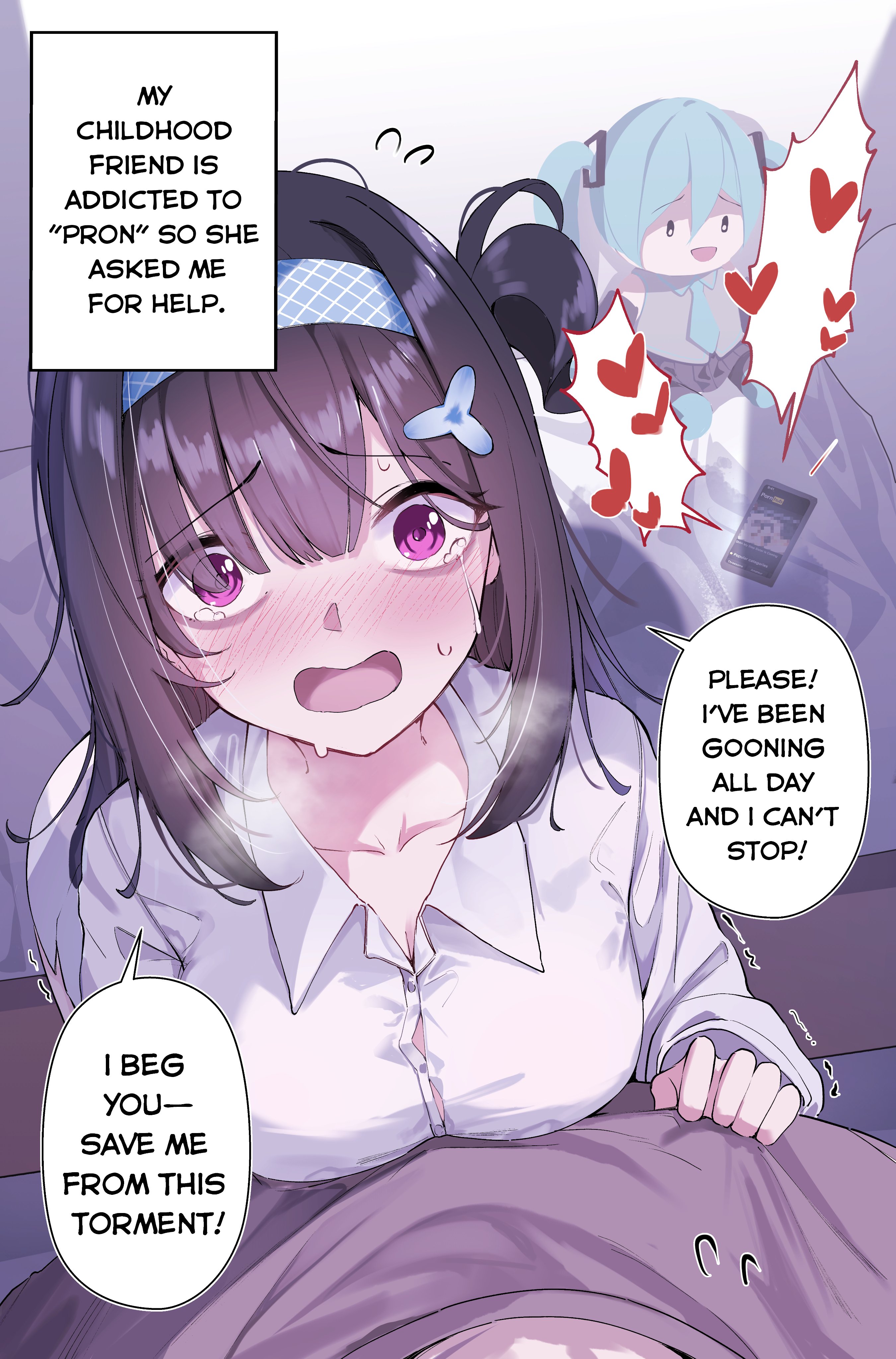 clover dot (clov erd), hatsune miku, original, pornhub, vocaloid, absurdres, commentary, english commentary, highres, 1boy, 1girl, black hair, blue hairband, blush, breasts, breath, cellphone, character doll, cleavage, collared shirt, doll, english text, full-face blush, hairband, long sleeves, medium breasts, medium hair, one side up, phone, pov, purple eyes, shirt, speech bubble, sweatdrop, tears, white shirt