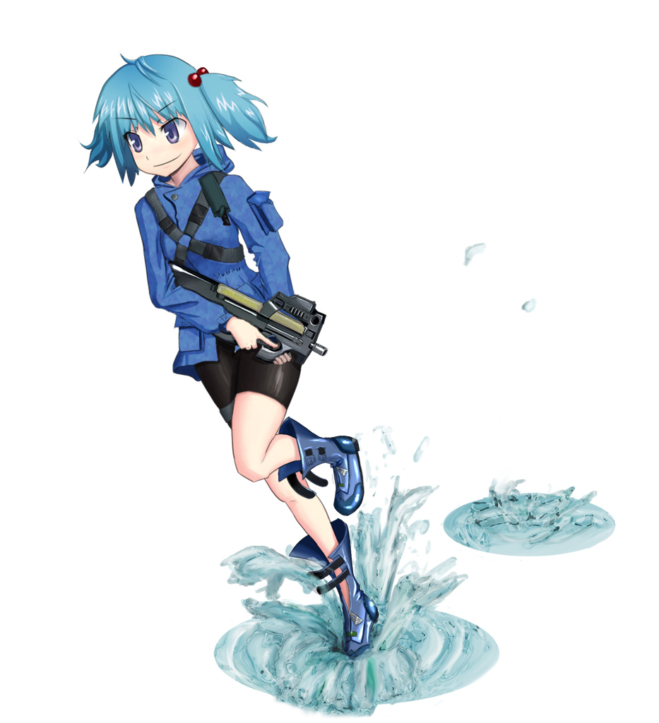 kawashiro nitori, touhou, 1girl, bike shorts, blue eyes, blue hair, boots, bullpup, female focus, full body, gun, hair bobbles, hair ornament, horizontal magazine, latex, matching hair/eyes, p90, personal defense weapon, see-through clothes, solo, submachine gun, translucent, two side up, weapon, white background