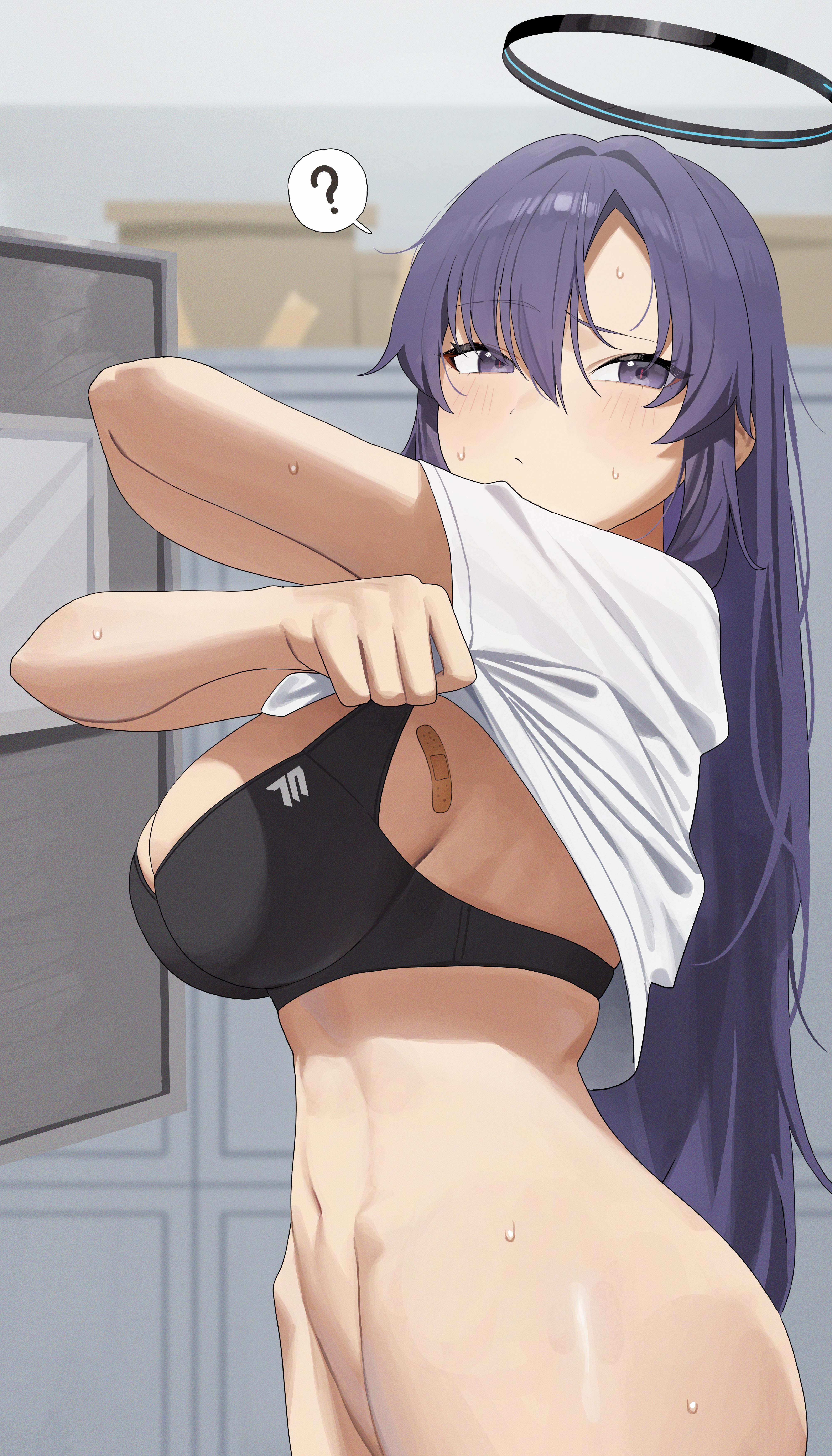 mm (mhm2592), yuuka (blue archive), blue archive, absurdres, commentary request, highres, 1girl, ?, bandaid, bandaid on breast, black bra, bottomless, bra, breasts, changing room, halo, indoors, large breasts, locker, long hair, mechanical halo, navel, purple eyes, purple hair, solo, spoken question mark, stomach, underwear, undressing, very long hair