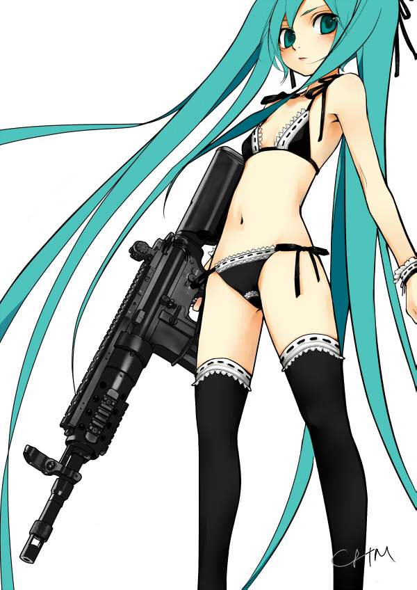 chm, hatsune miku, vocaloid, bad id, bad pixiv id, 1girl, aqua eyes, aqua hair, assault rifle, female focus, flat chest, green eyes, green hair, gun, lingerie, long hair, matching hair/eyes, panties, rifle, side-tie panties, solo, thighhighs, underwear, weapon