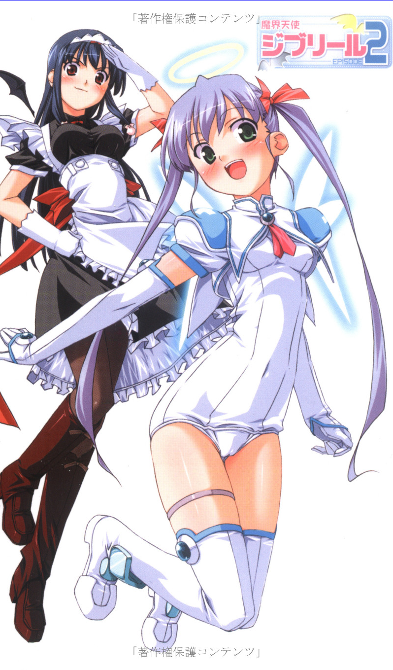 kuuchuu yousai, djibril aries, jinno hikari, misty mei, otonashi meimi, makai tenshi djibril, makai tenshi djibril 2, brown legwear, white legwear, highres, official art, 2girls, :d, angel, apron, black hair, blue hair, blush, boots, bow, buttons, cameltoe, copyright name, crop top, cross, dress, elbow gloves, flat chest, frills, gathers, gem, gloves, glowing, green eyes, hair ornament, hair ribbon, halo, hand on own hip, high heels, knee boots, leg lift, long hair, looking at viewer, magical girl, maid, maid apron, maid headdress, multiple girls, navel, necktie, one-piece swimsuit, open mouth, outstretched arm, pantyhose, purple hair, red eyes, ribbon, salute, school swimsuit, shirt, shoes, short dress, sidelocks, simple background, smile, swimsuit, swimsuit costume, taut clothes, taut shirt, thigh boots, thigh gap, thigh strap, thighhighs, thighs, traditional halo, turtleneck, twintails, very long hair, watermark, white background, white gloves, white one-piece swimsuit, white school swimsuit, wings