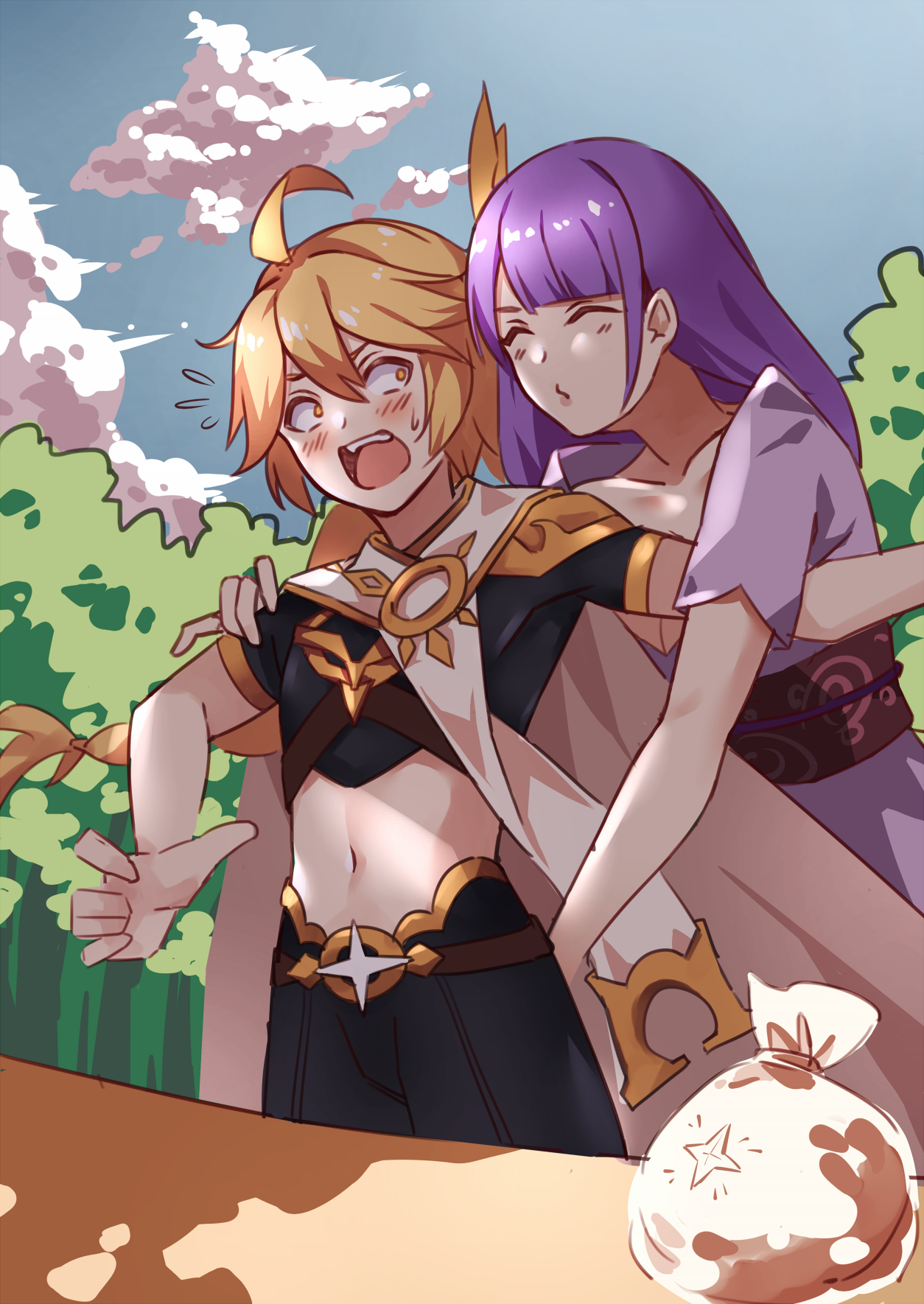 miya star saa, aether (genshin impact), raiden shogun, genshin impact, commentary request, highres, 1boy, 1girl, ahoge, alternate costume, arms up, bag, blonde hair, blue sky, blush, braid, breasts, cleavage, closed eyes, cloud, cloudy sky, couple, crop top, day, embarrassed, floating hair, flying sweatdrops, friends, hair between eyes, hair floating upwards, hair ornament, hug, hug from behind, hug from side, huge ahoge, incoming kiss, japanese clothes, kimono, large breasts, leaning back, leaning forward, long braid, long hair, looking to the side, looking up, navel, open clothes, orange eyes, outdoors, primogem, puckered lips, purple kimono, red sash, sash, scarf, shade, short sleeves, single braid, sky, standing, stomach, surprised, table, teeth, tree, tree shade, upper body, upper teeth only, wide-eyed