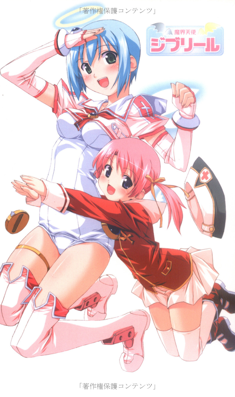 kuuchuu yousai, djibril (makai tenshi djibril), luvriel, manabe rika, makai tenshi djibril, pink legwear, white legwear, highres, official art, 2girls, :d, angel, angel wings, ankle boots, arm up, armor, blue eyes, blue hair, blush, body blush, boots, bracer, brooch, clenched hand, copyright name, crop top, cross, elbow gloves, fingerless gloves, flat chest, from side, gem, gloves, glowing, glowing wings, green eyes, hair ribbon, halo, hat, hug, hug from behind, jewelry, kneeling, leaning forward, long hair, long sleeves, looking at viewer, magical girl, mini wings, miniskirt, multiple girls, necktie, one-piece swimsuit, open mouth, outstretched arms, parted bangs, pink boots, pink gloves, pink hair, pink shrug, pleated skirt, puffy short sleeves, puffy sleeves, red cross, ribbon, salute, school swimsuit, shin guards, shirt, short hair, short sleeves, shrug (clothing), simple background, skirt, sleeve cuffs, smile, swimsuit, swimsuit costume, swimsuit under clothes, thigh boots, thighhighs, thighlet, traditional halo, twintails, unworn hat, unworn headwear, watermark, white background, white one-piece swimsuit, white school swimsuit, wings, zettai ryouiki