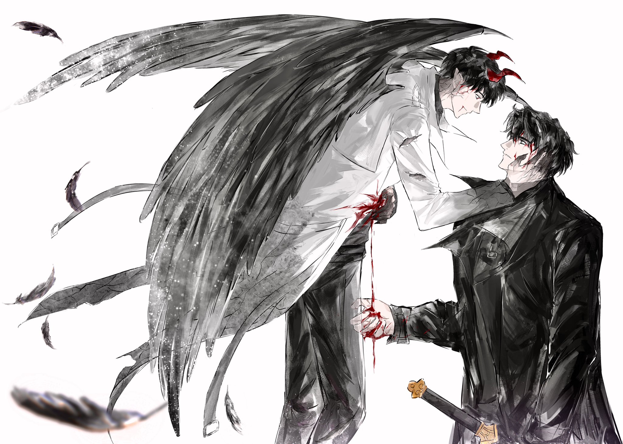 kim dokja, yoo joonghyuk, omniscient reader's viewpoint, highres, 2boys, 8d2suga9, black coat, black hair, black wings, bleeding, blood, blood drip, blood from mouth, blood on face, coat, colored veins, demon horns, falling feathers, feathered wings, feathers, floating, hand on another's face, hand up, horns, male focus, multiple boys, official alternate costume, open clothes, open coat, popped collar, scabbard, sheath, short hair, smile, white coat, wings
